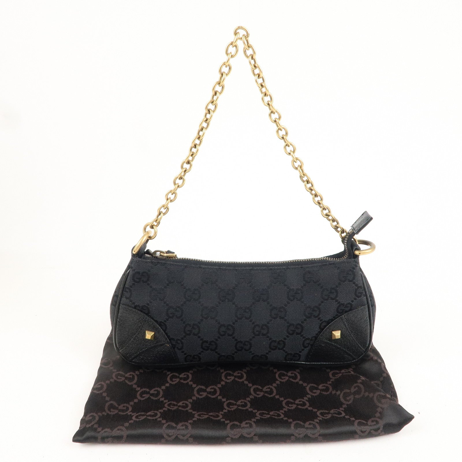 GUCCI GG Canvas Leather Chain Hand Bag Pouch Black 120940