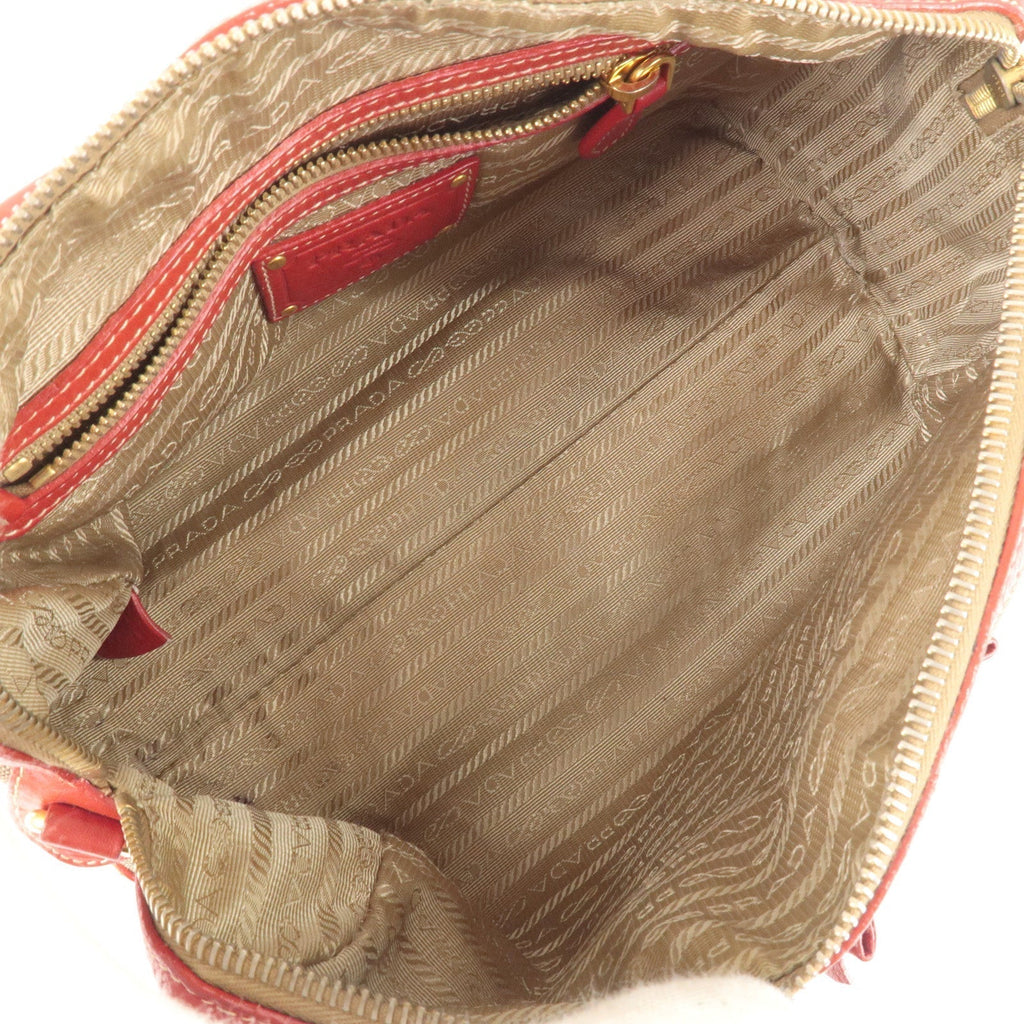 Prada Logo Jacquard Canvas Leather 2Way Shoulder Bag Beige Red