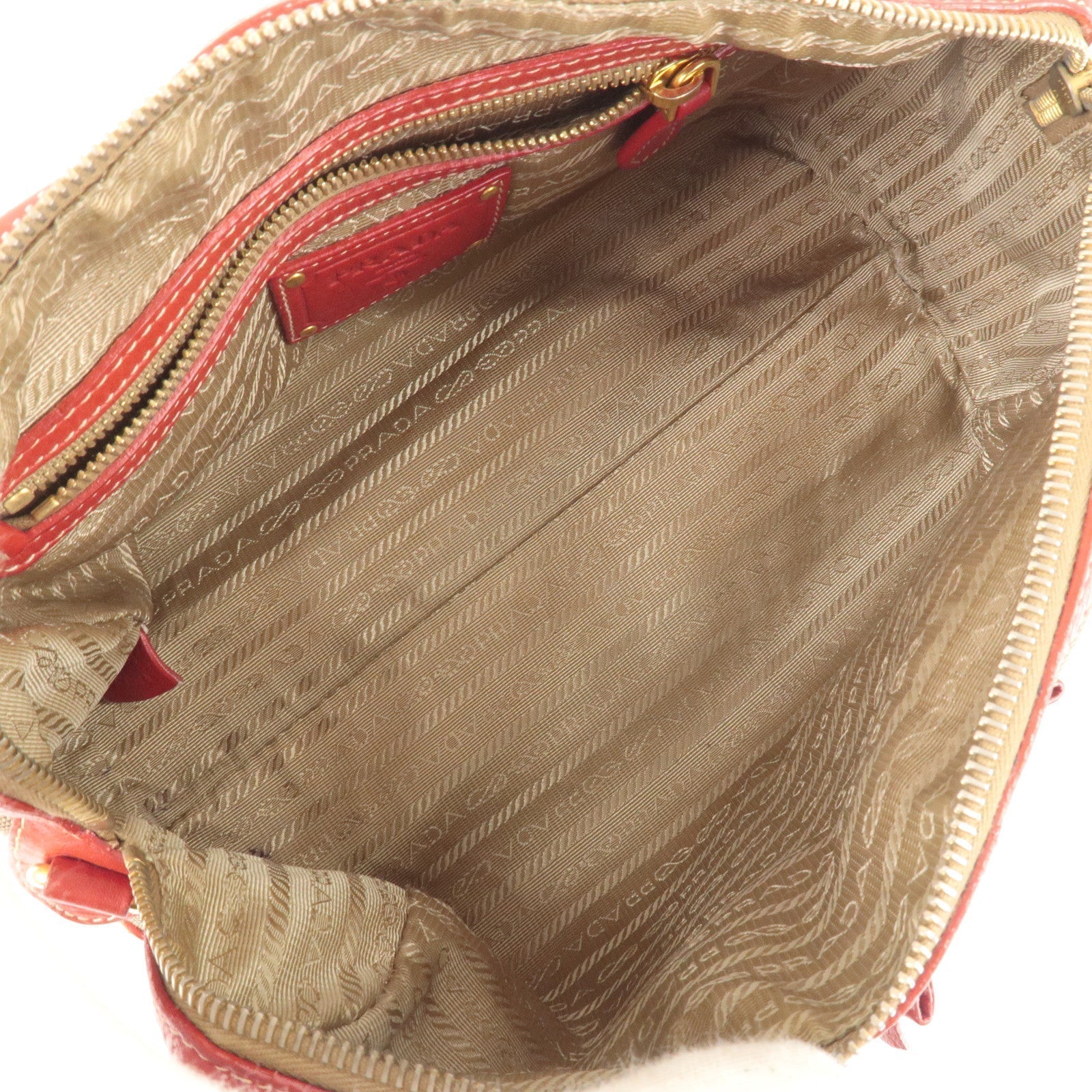 Prada Logo Jacquard Canvas Leather 2Way Shoulder Bag Beige Red