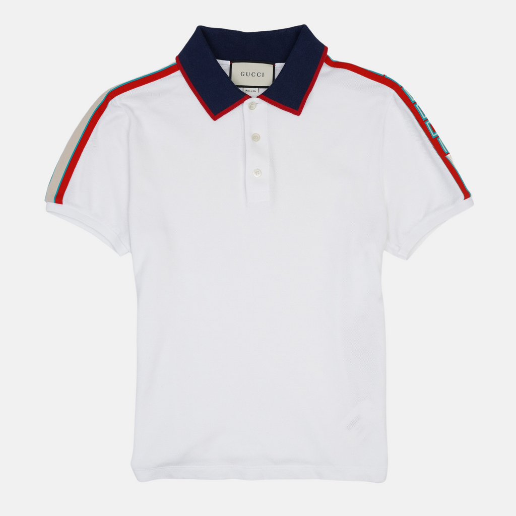 Gucci Mens Logo Polo Shirt White Red Beige UK M