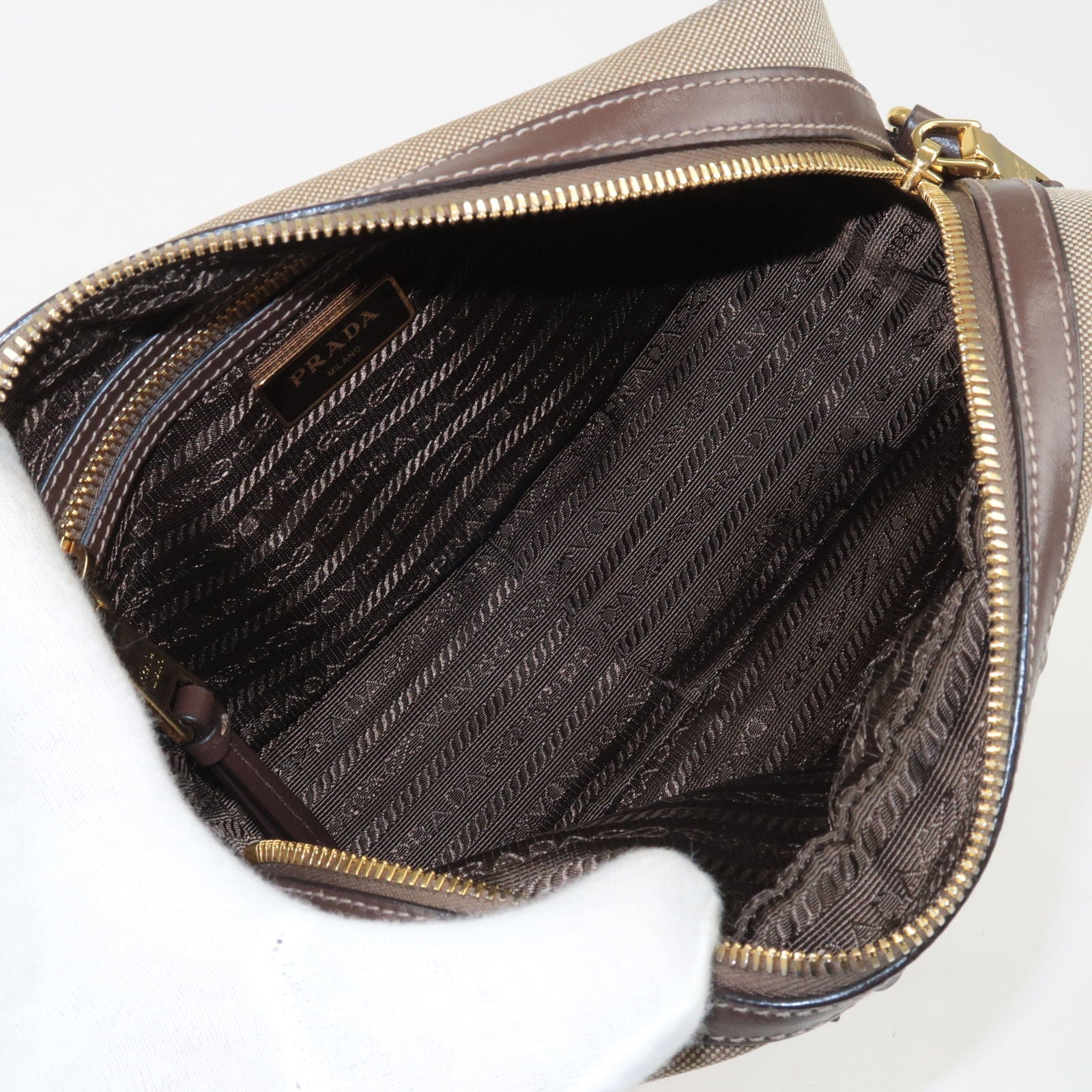 Prada Logo Jacquard Leather Shoulder Bag Beige Brown 1BH089