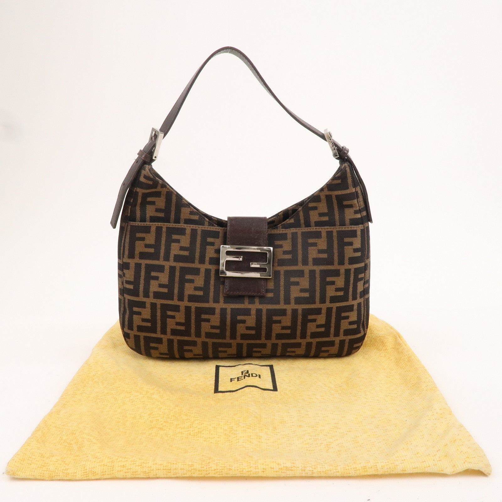 FENDI Zucca Canvas Leather Shoulder Bag Brown Black 26569
