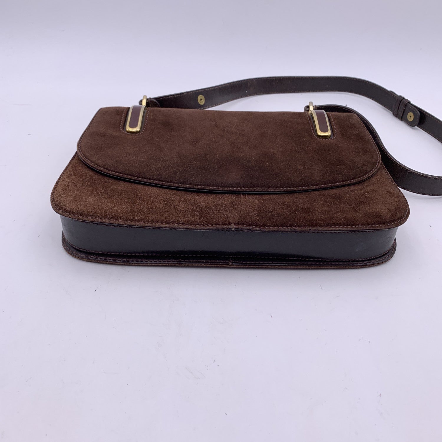 Gucci Vintage Brown Suede Flap Shoulder Bag with Enamel