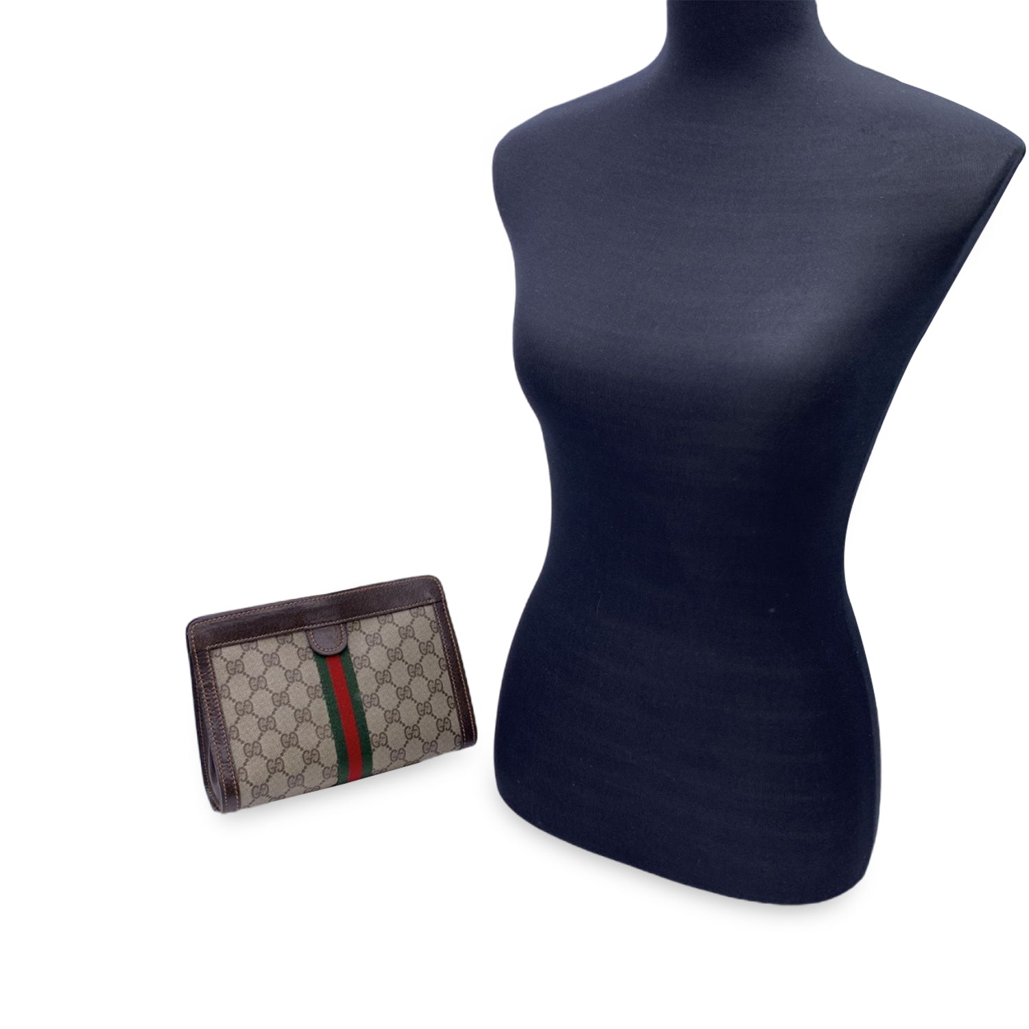 Gucci Vintage Monogram Canvas Cosmetic Bag Clutch with Stripes