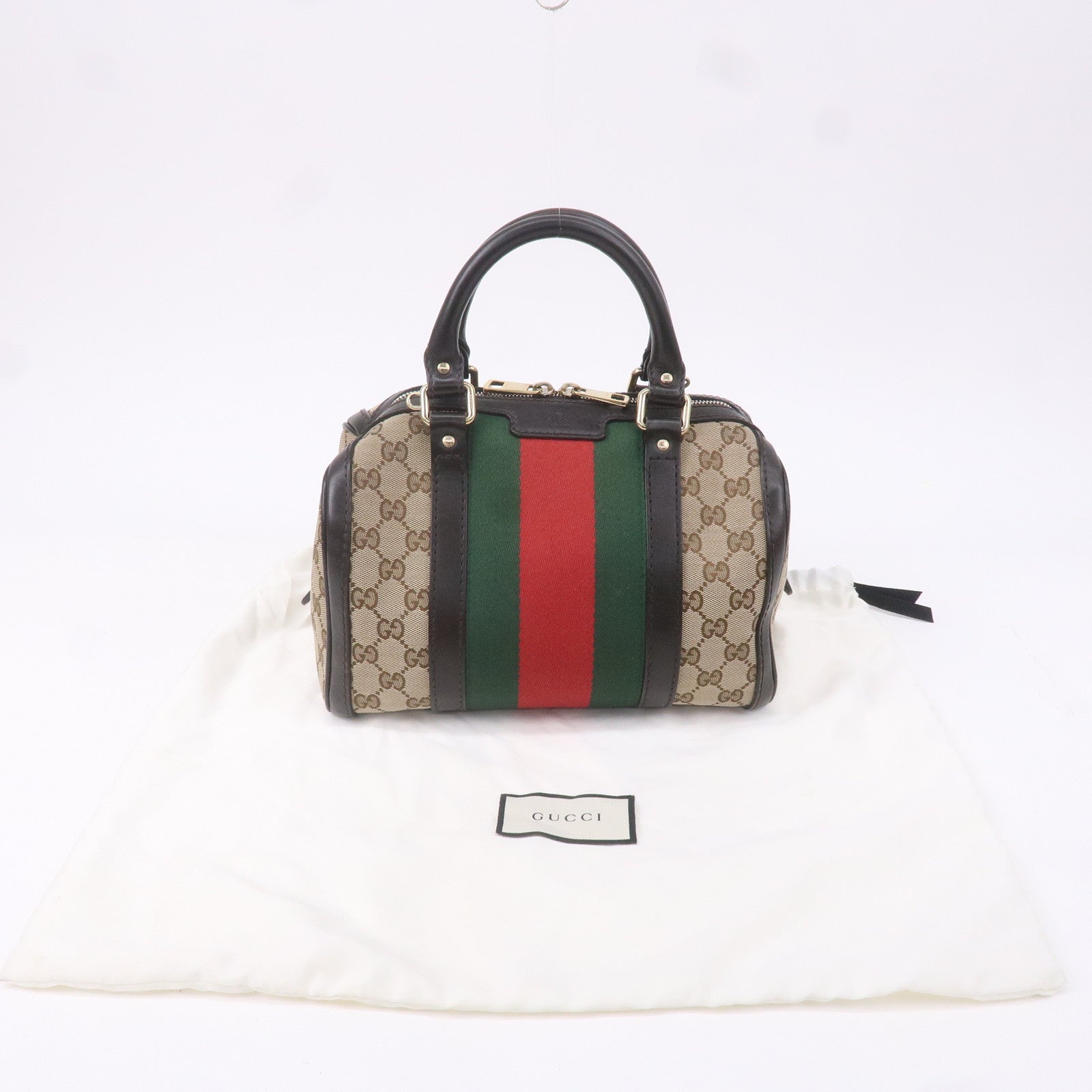 GUCCI Sherry GG Canvas Leather Boston Bag Beige Brown 269876