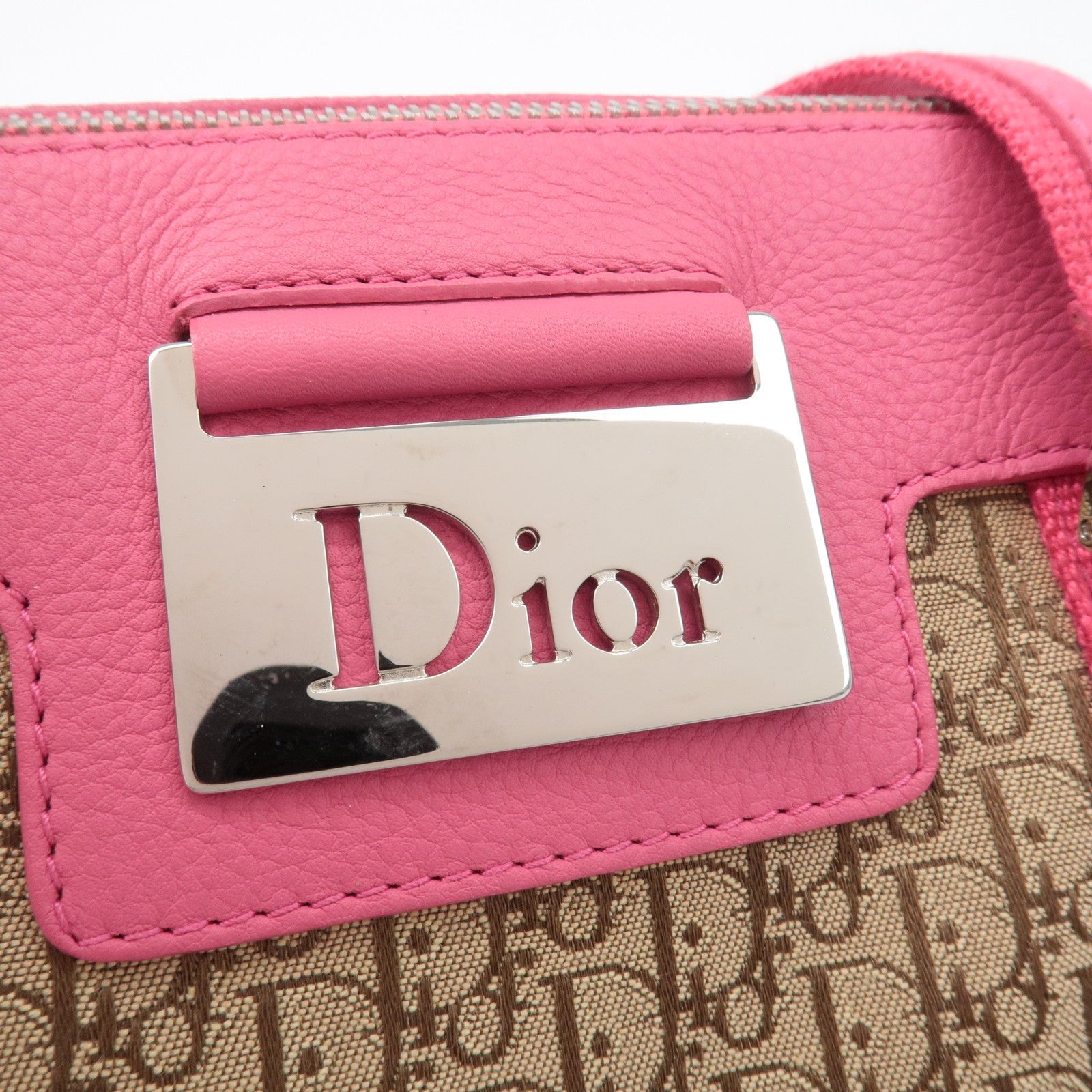Christian Dior Trotter Canvas Leather Boston Bag Beige Pink