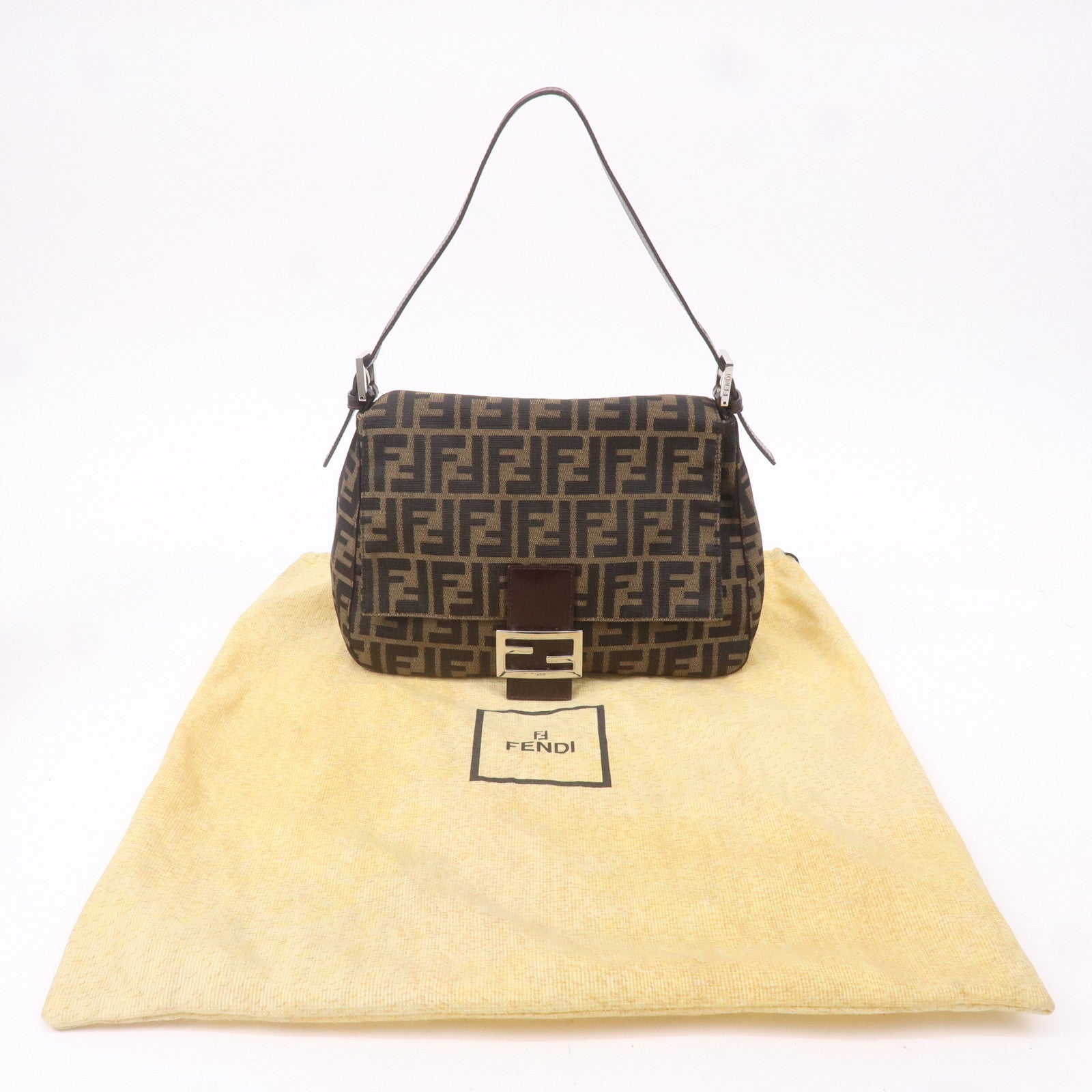 FENDI Mamma Baguette Zucca Canvas Leather Shoulder Bag 26325