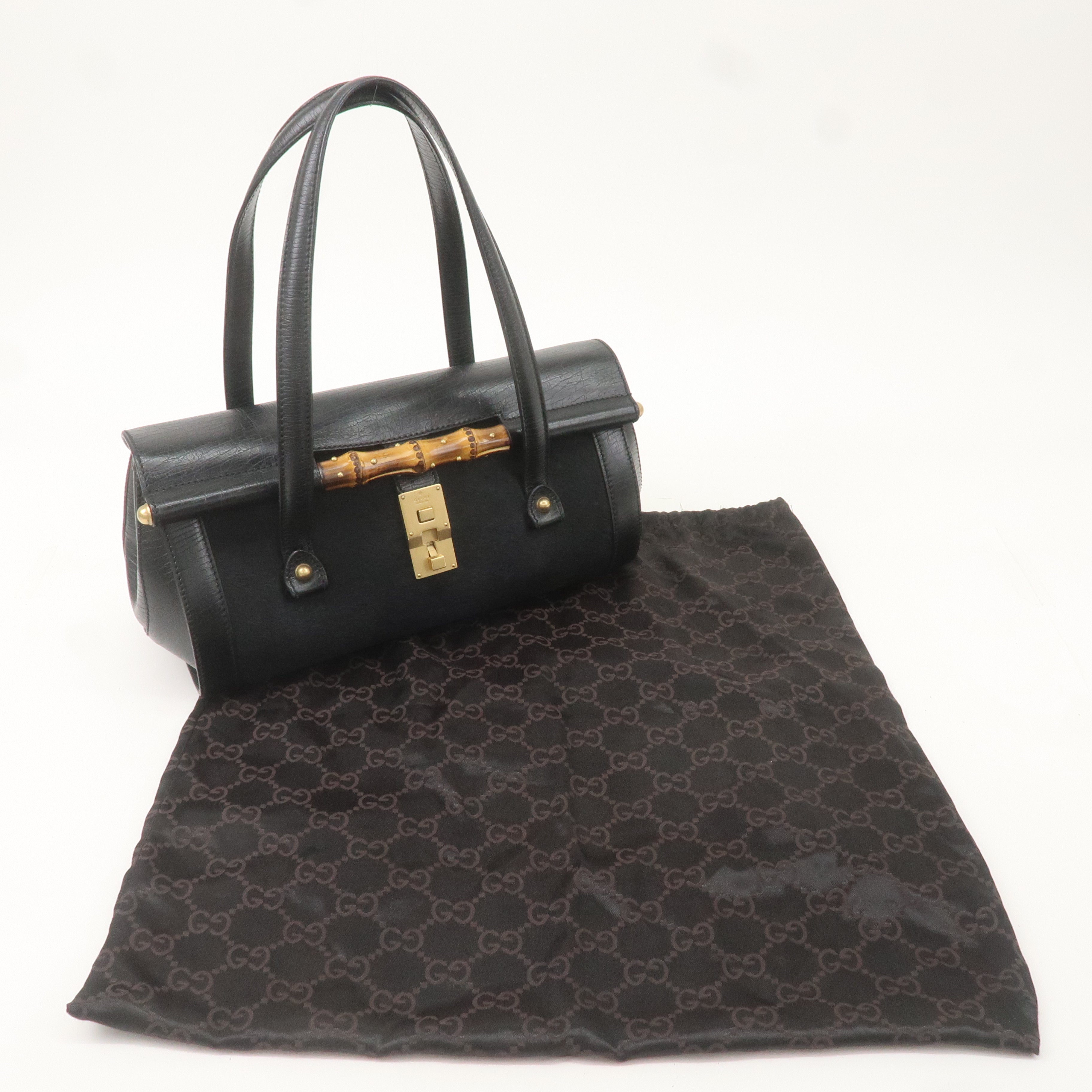 GUCCI Bamboo Leather Unborn Calf Boston Bag Black 114993