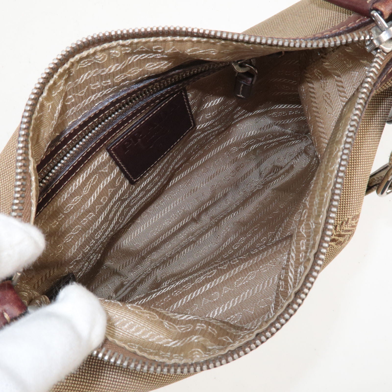 Prada Logo Jacquard Leather Shoulder Bag Beige Brown BT0533