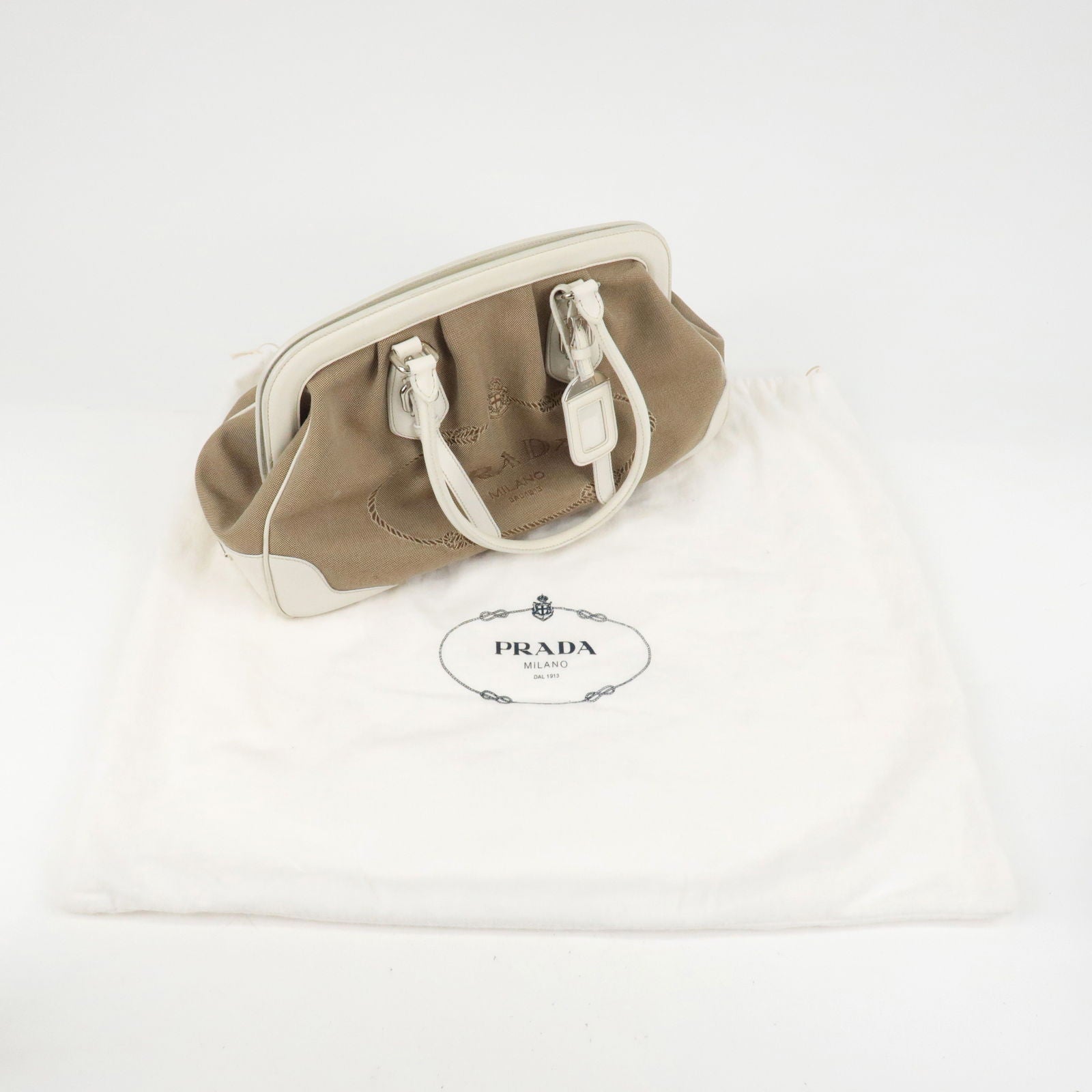 Prada Logo Jacquard Leather Shoulder Bag Hand Bag Beige Ivory