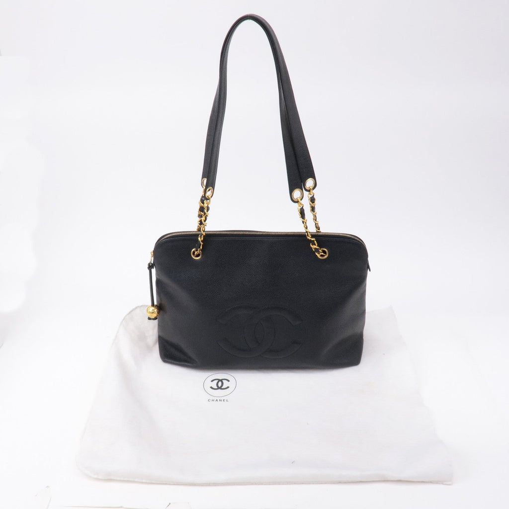 CHANEL Caviar Skin Chain Tote Bag Black Gold Hardware A03578