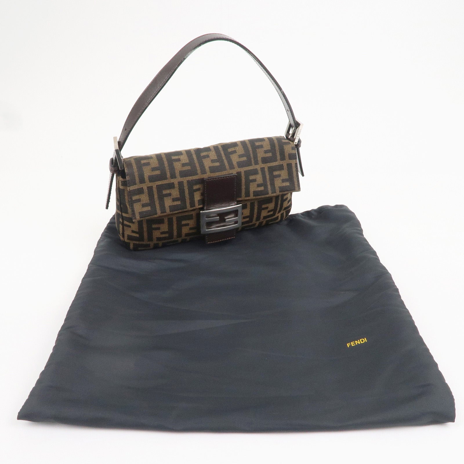 FENDI Mamma Baguette Canvas Leather Shoulder Bag Brown Black 26424