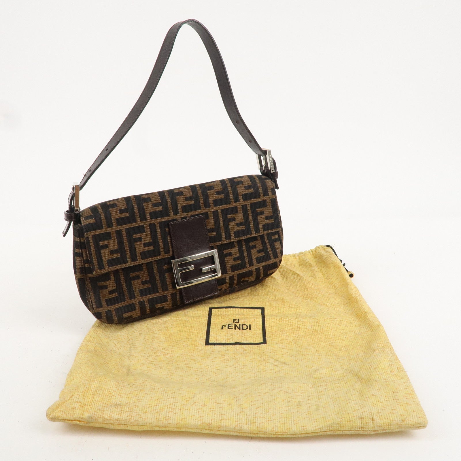 FENDI Zucca Mamma Baguette Canvas Leather Shoulder Bag 26424