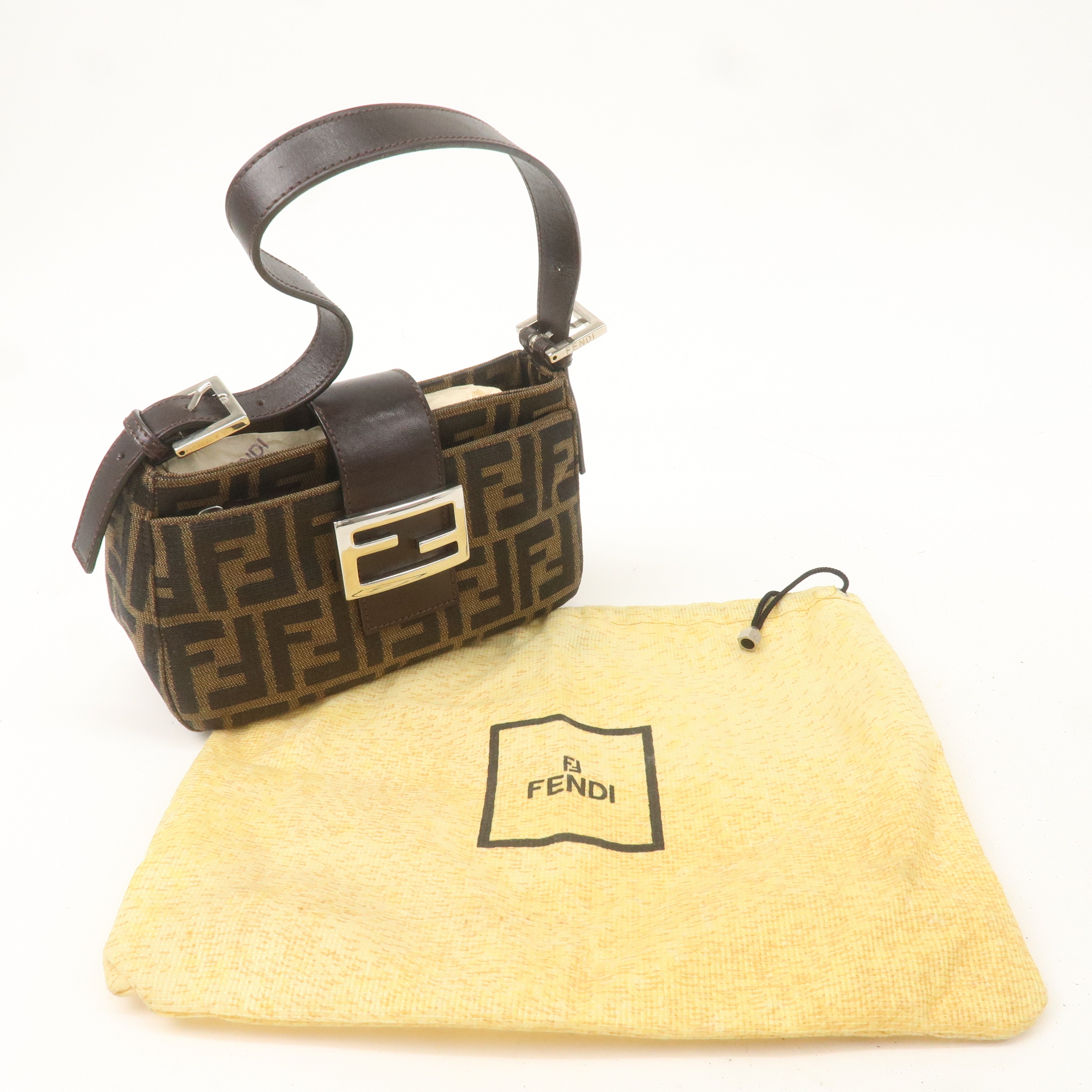 FENDI Zucca Canvas Leather Shoulder Bag Khaki Brown Black 26723