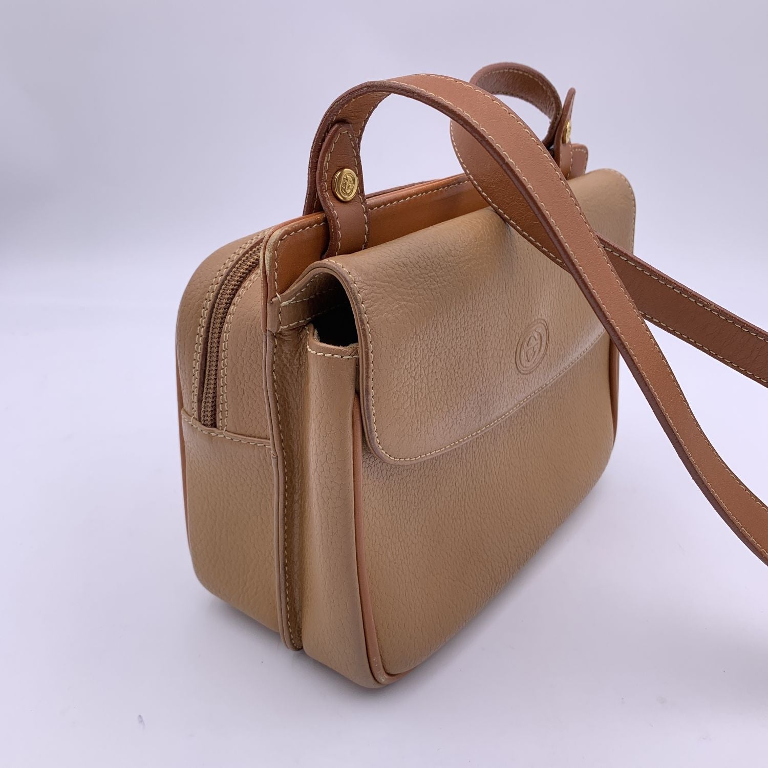 Gucci Vintage Beige Leather 2 Compartments Shoulder Bag