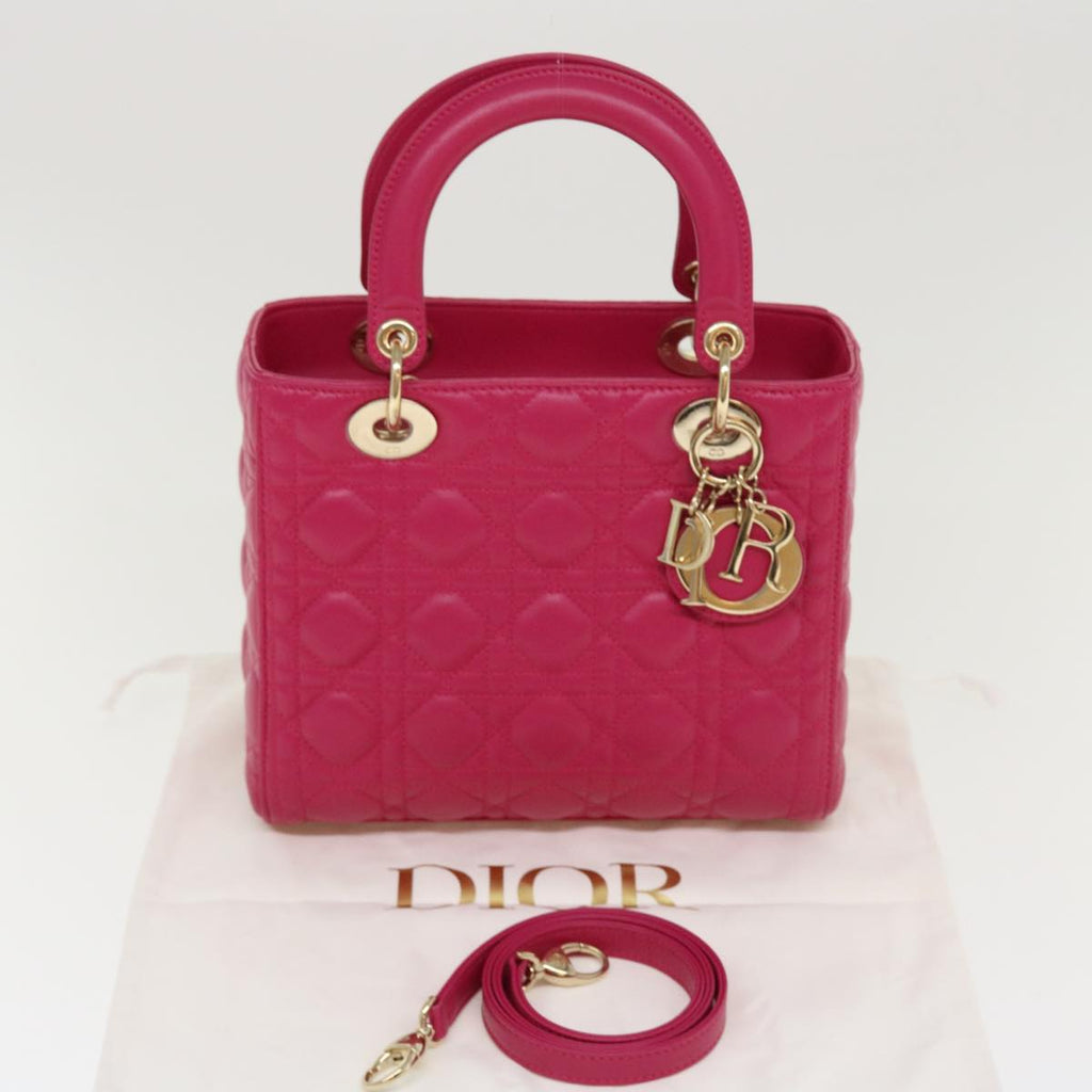 CHRISTIAN DIOR Lady Dior Hand Bag Lamb Skin 2way Pink Auth 28644
