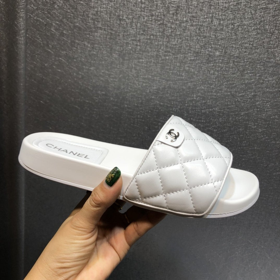 Chanel White Quilted Leather CC Flat Slides