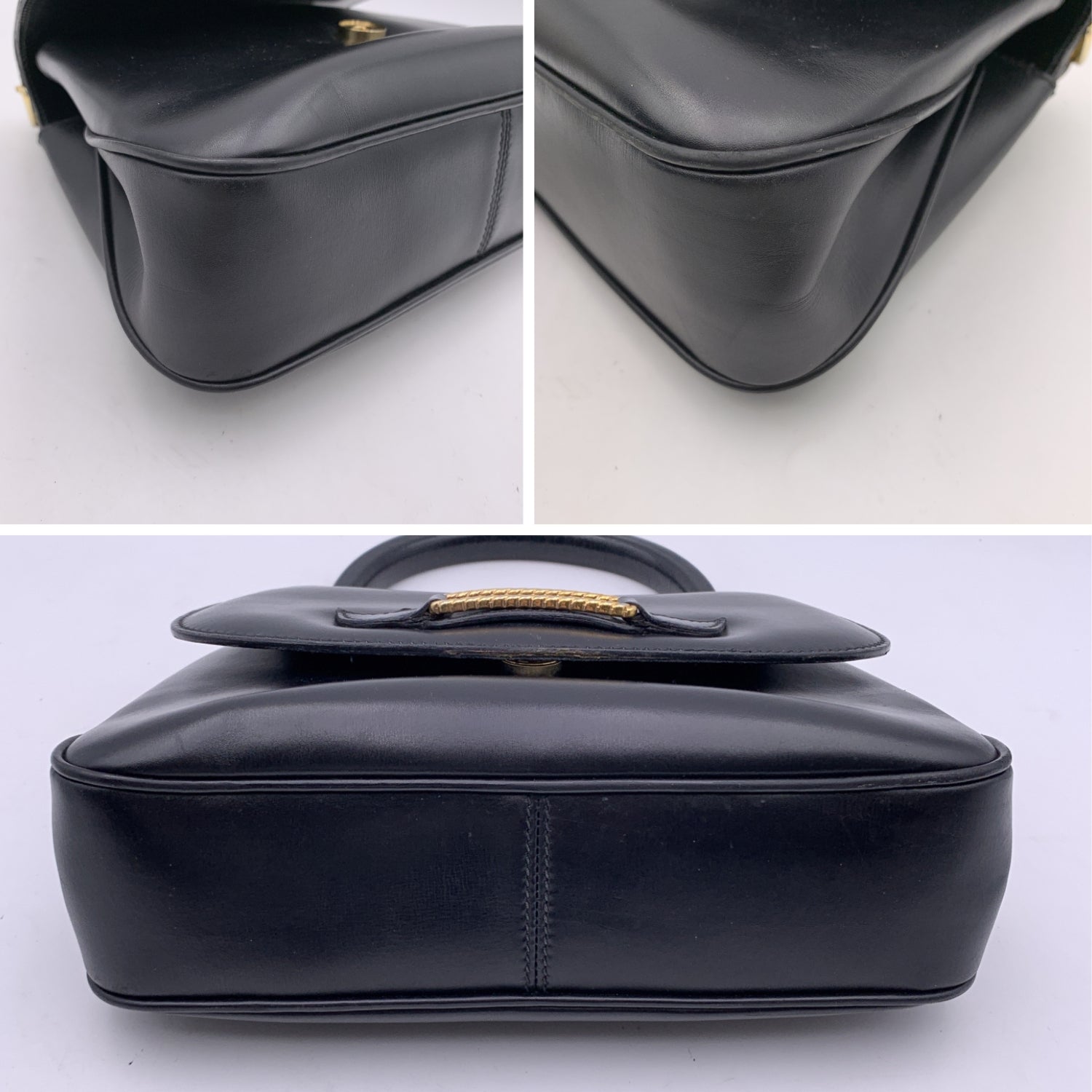 Gucci Vintage Black Leather Flap Handbag Top Handle Bag