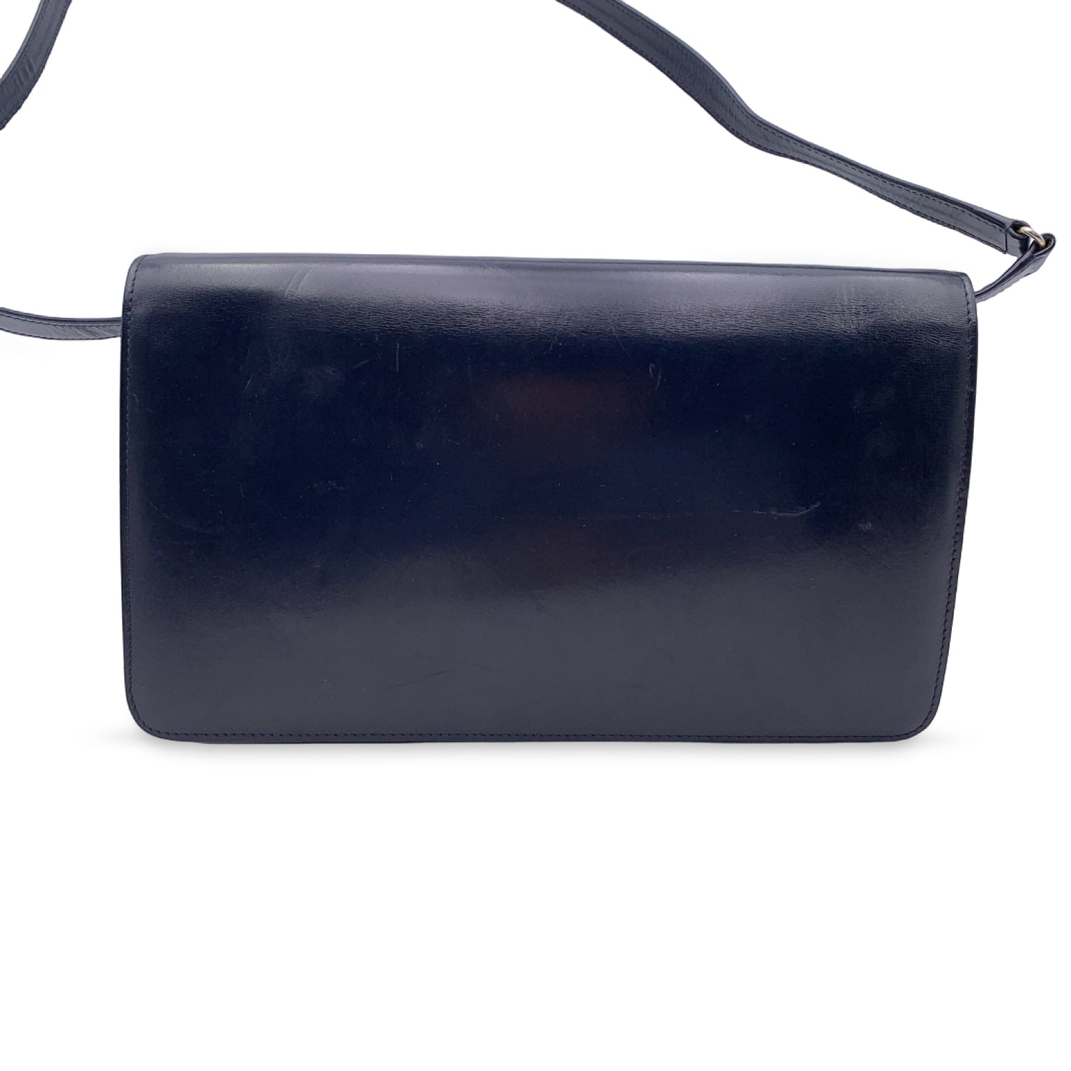 Gucci Vintage Navy Blue Leather East West Shoulder Bag