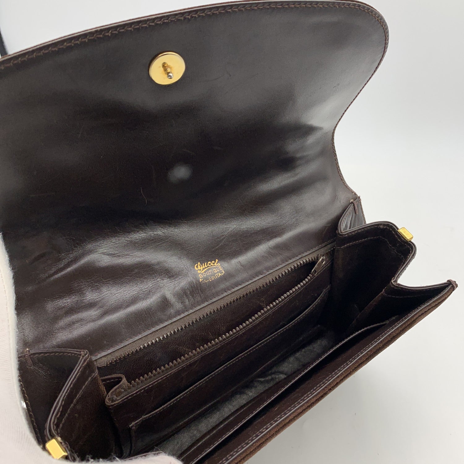 Gucci Vintage Brown Suede Flap Shoulder Bag with Enamel