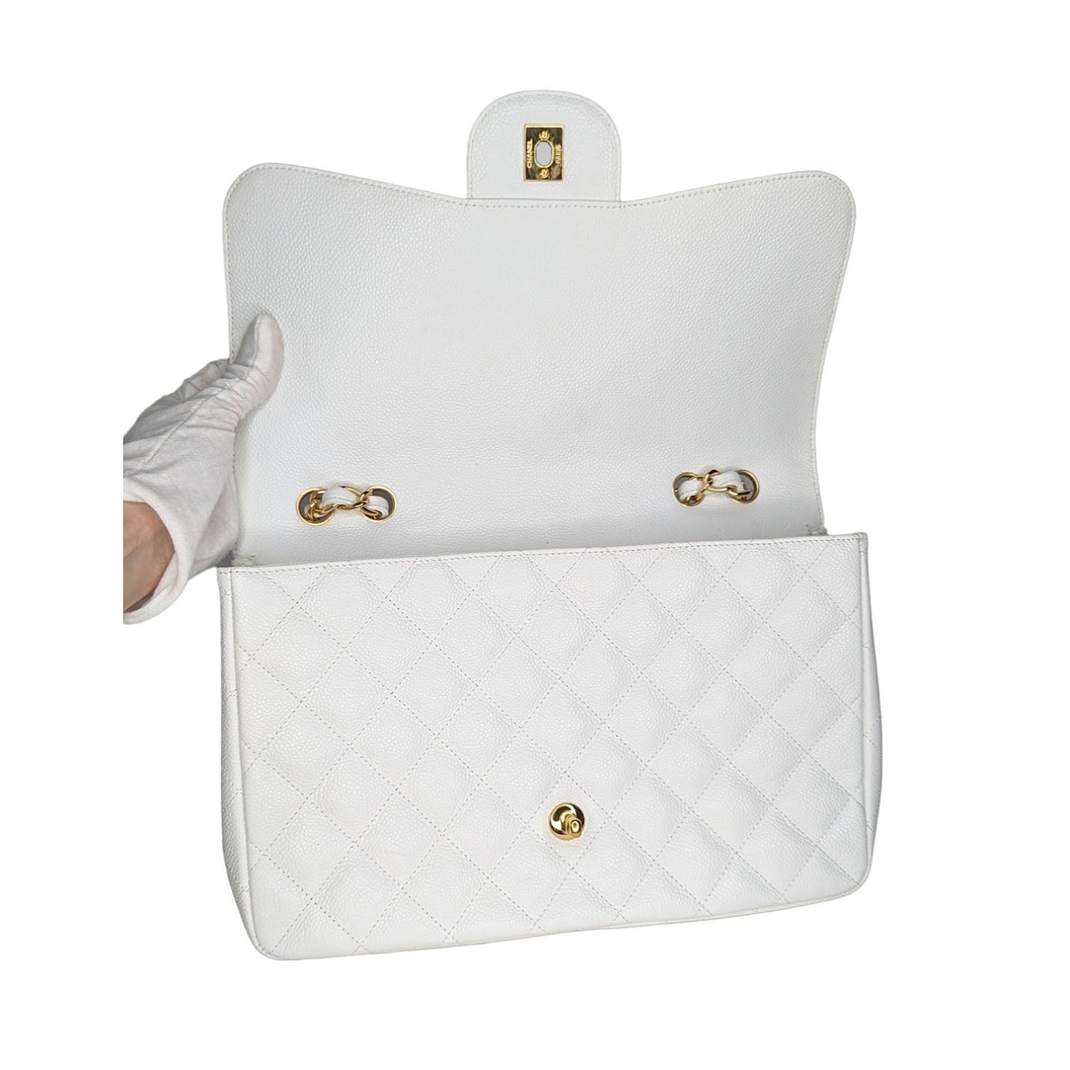 Chanel Vintage Classic Quilted Caviar Single White Jumbo Flap