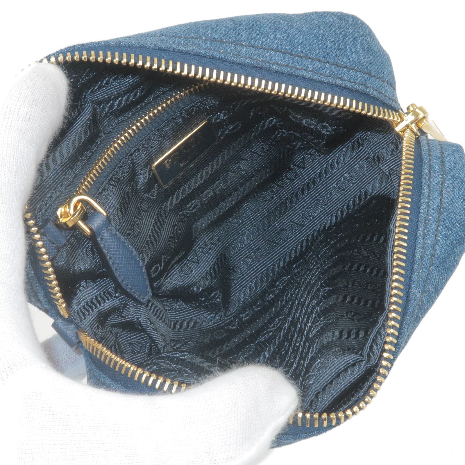 Prada Denim Leather Pouch Clutch Bag Cosmetics Bag Blue