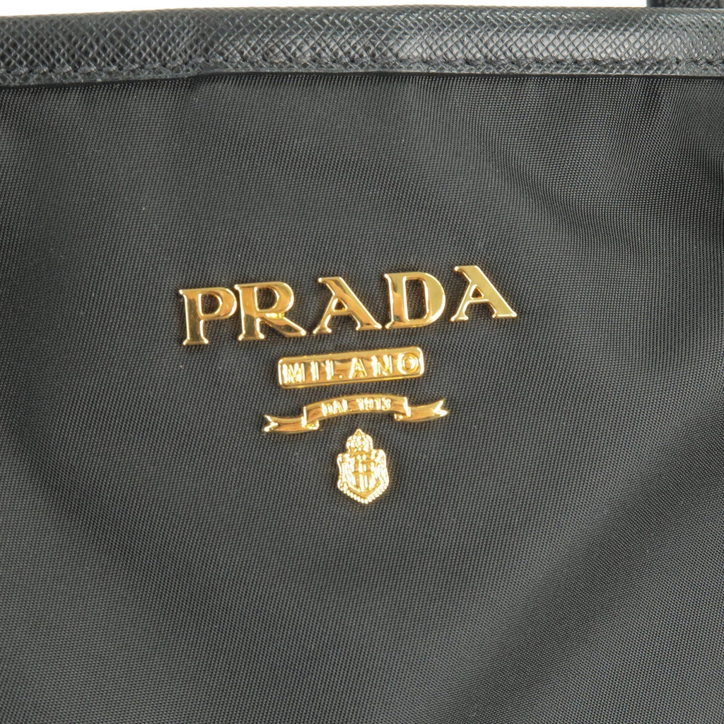 Prada Logo Nylon Leather Tote Bag Hand Bag NERO Black