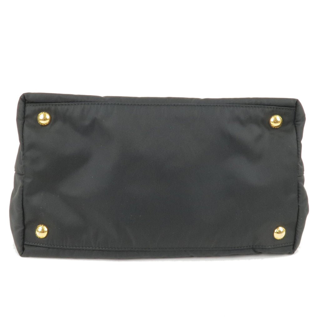 Prada Logo Nylon Leather Ribbon Tote Bag Black NERO BN1601