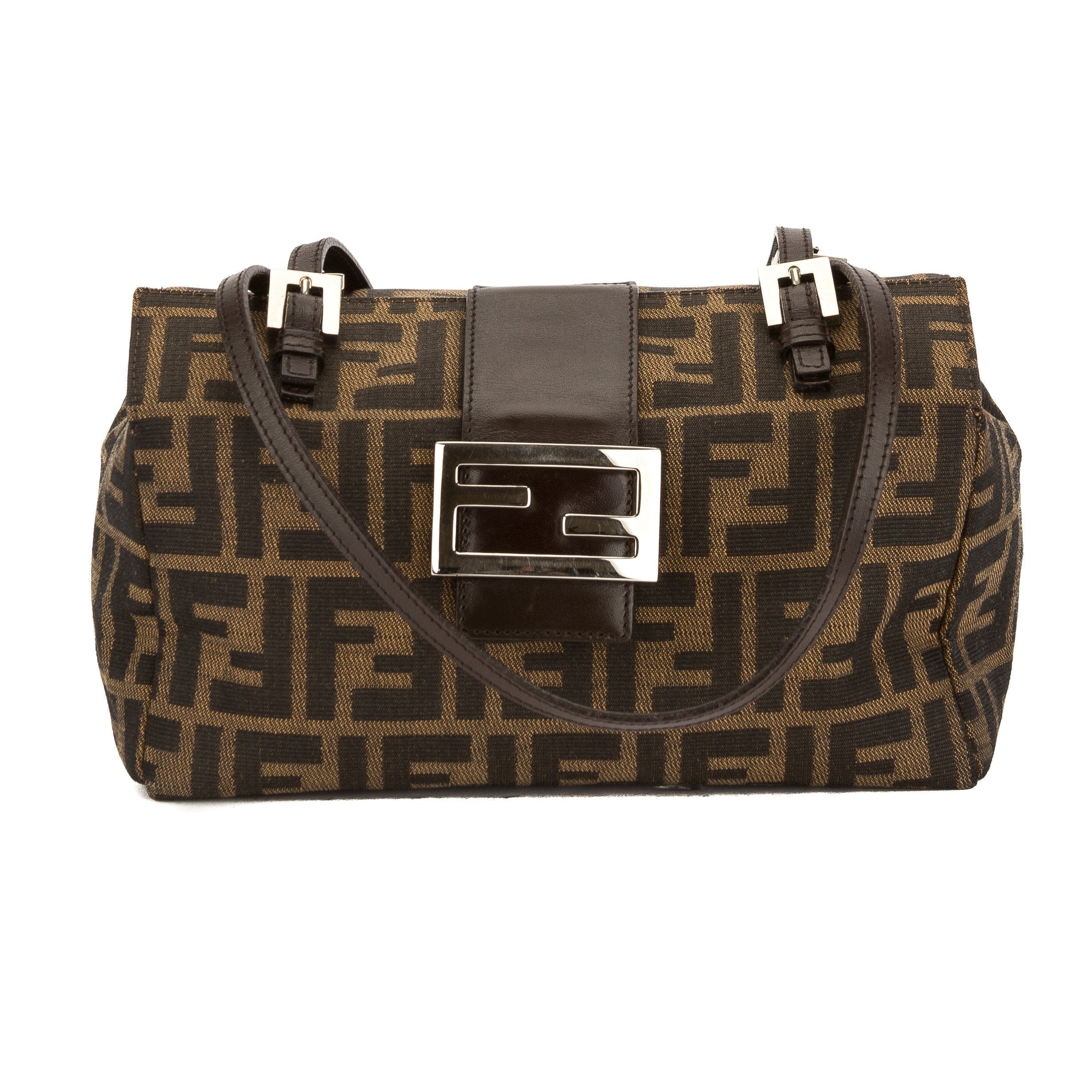 Fendi Brown Leather Zucca Nylon Tote Bag (Pre Owned)