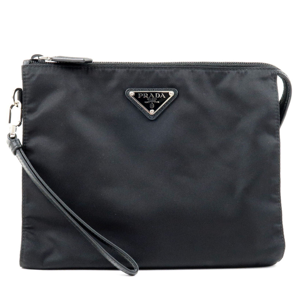 Prada Logo Nylon Leather Clutch Bag Pouch NERO Black 2NE789