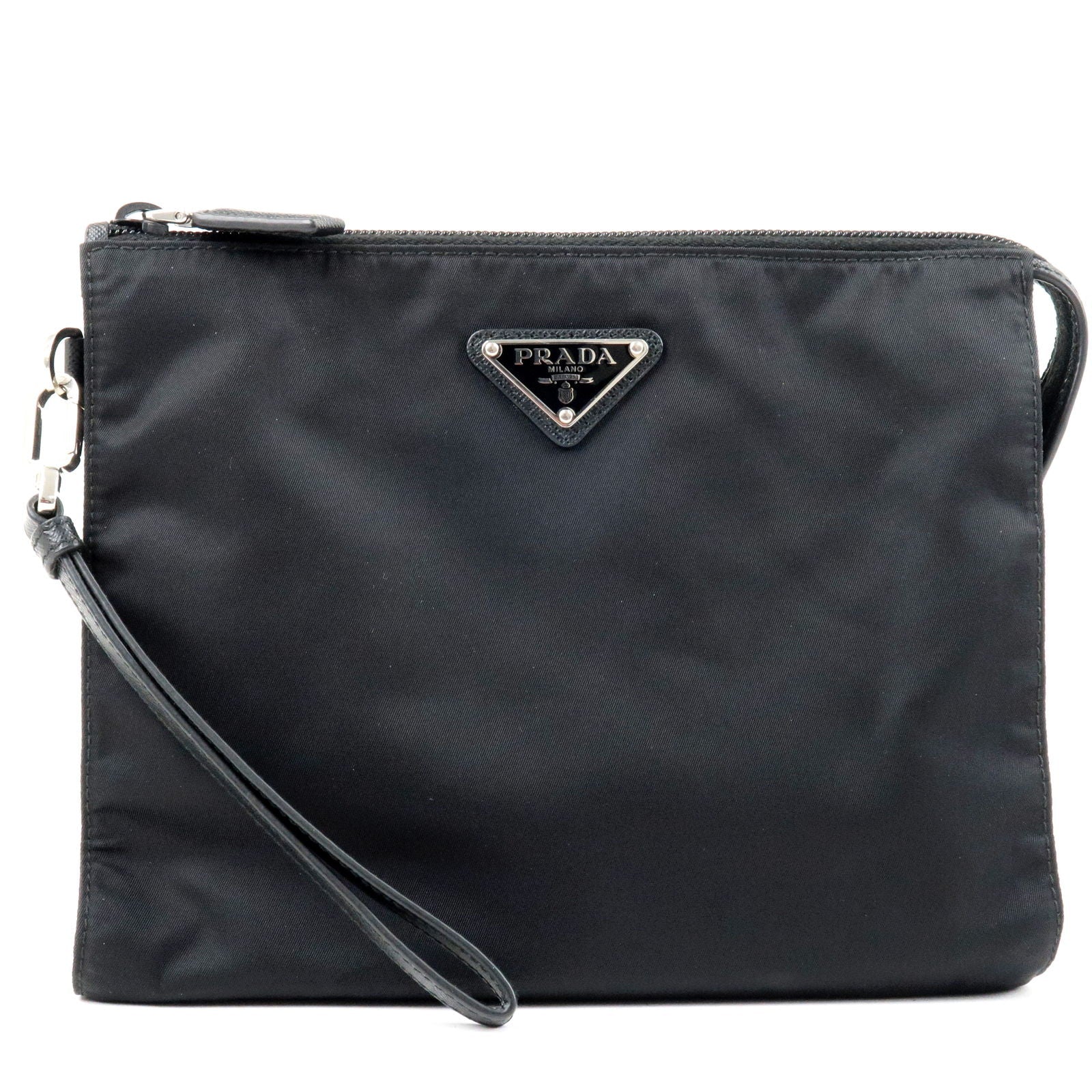 Prada Logo Nylon Leather Clutch Bag Pouch NERO Black 2NE789
