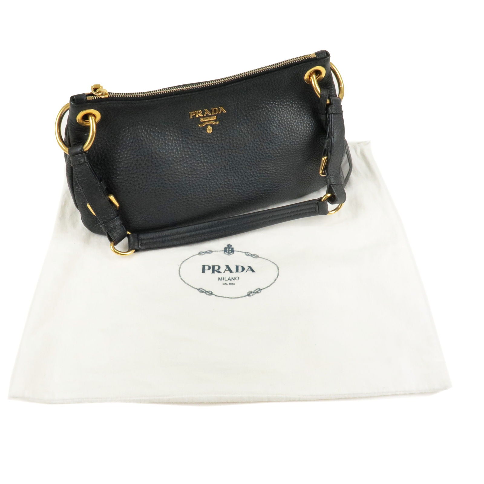 Prada Logo Leather One Shoulder Bag Black Nero Gold HDW