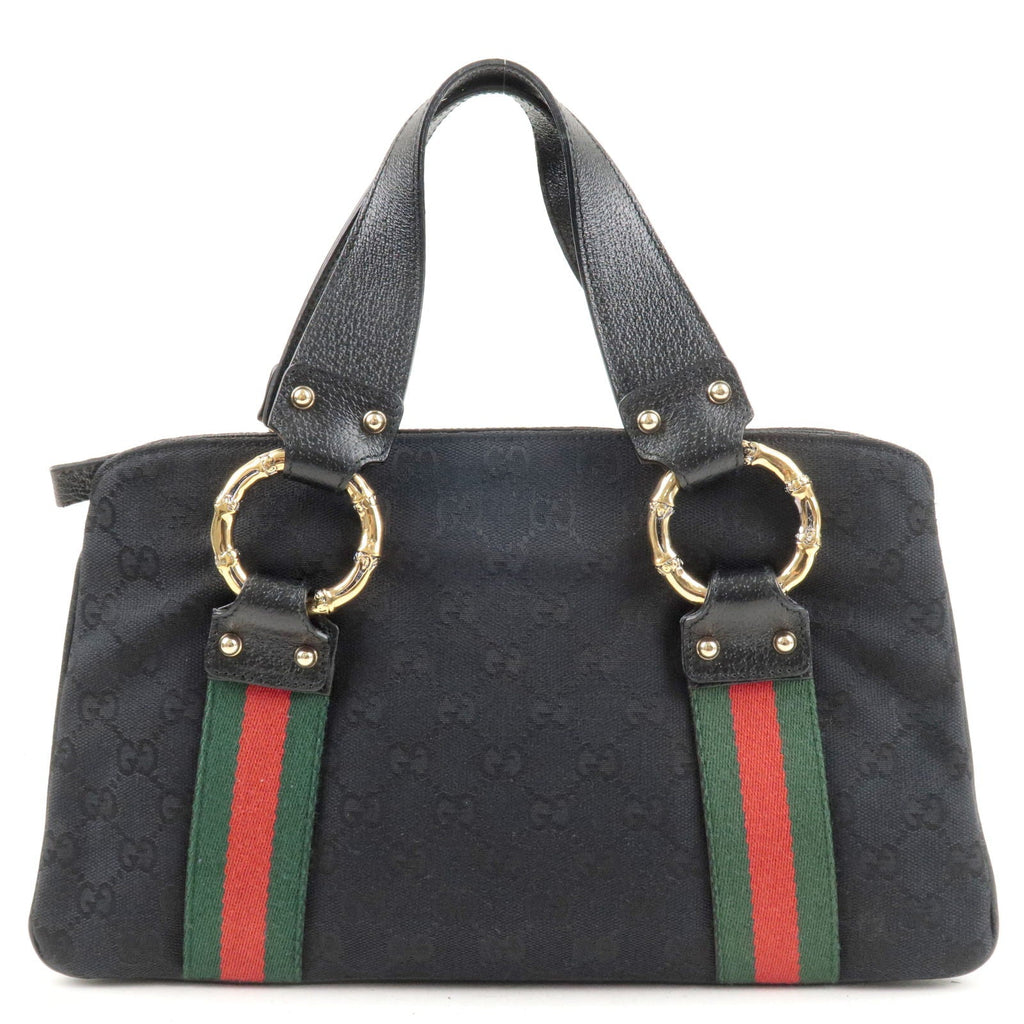GUCCI Sherry Bamboo GG Canvas Leather Hand Bag Black 131324