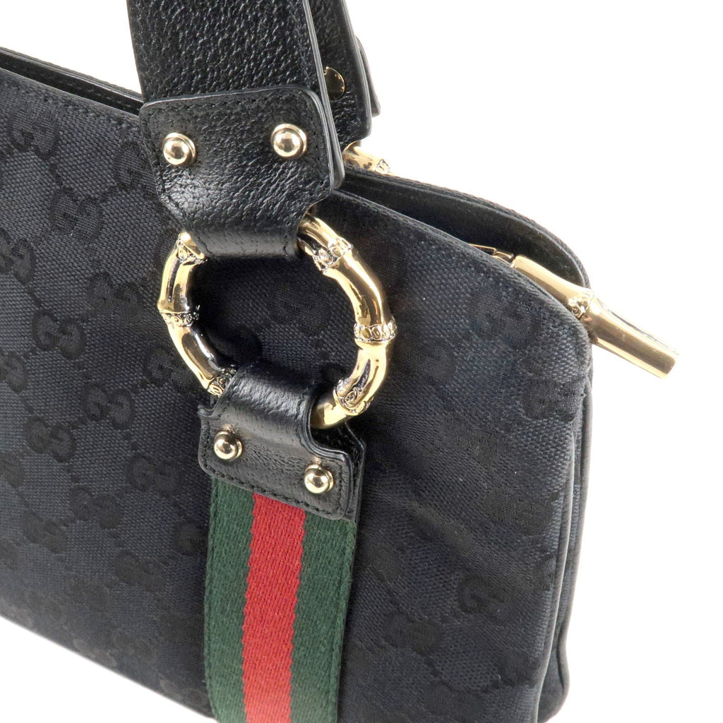 GUCCI Sherry Bamboo GG Canvas Leather Hand Bag Black 131324