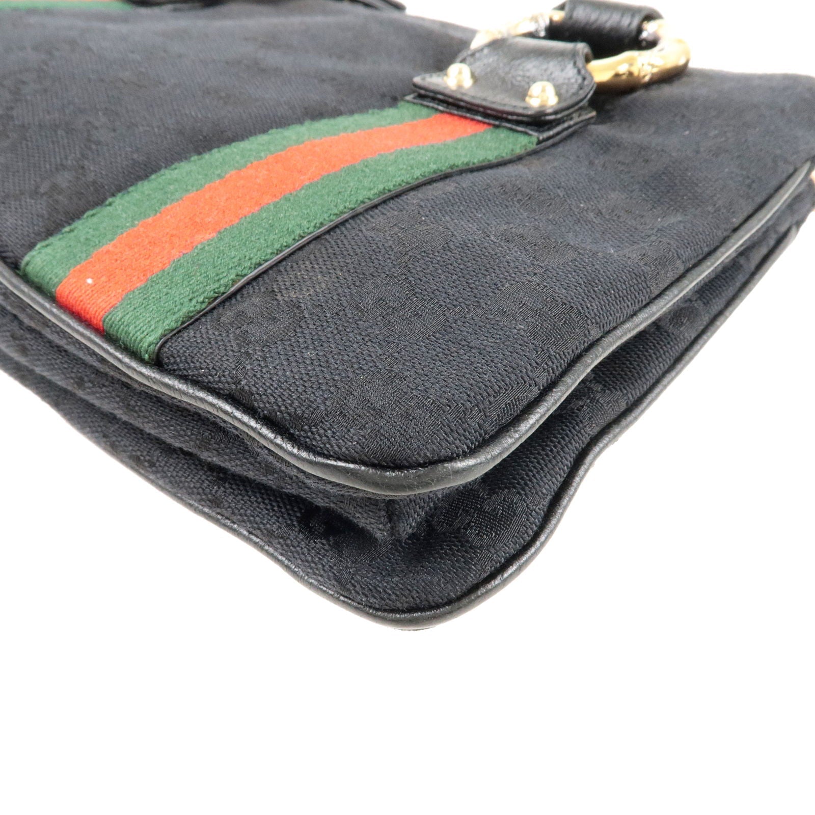 GUCCI Sherry Bamboo GG Canvas Leather Hand Bag Black 131324