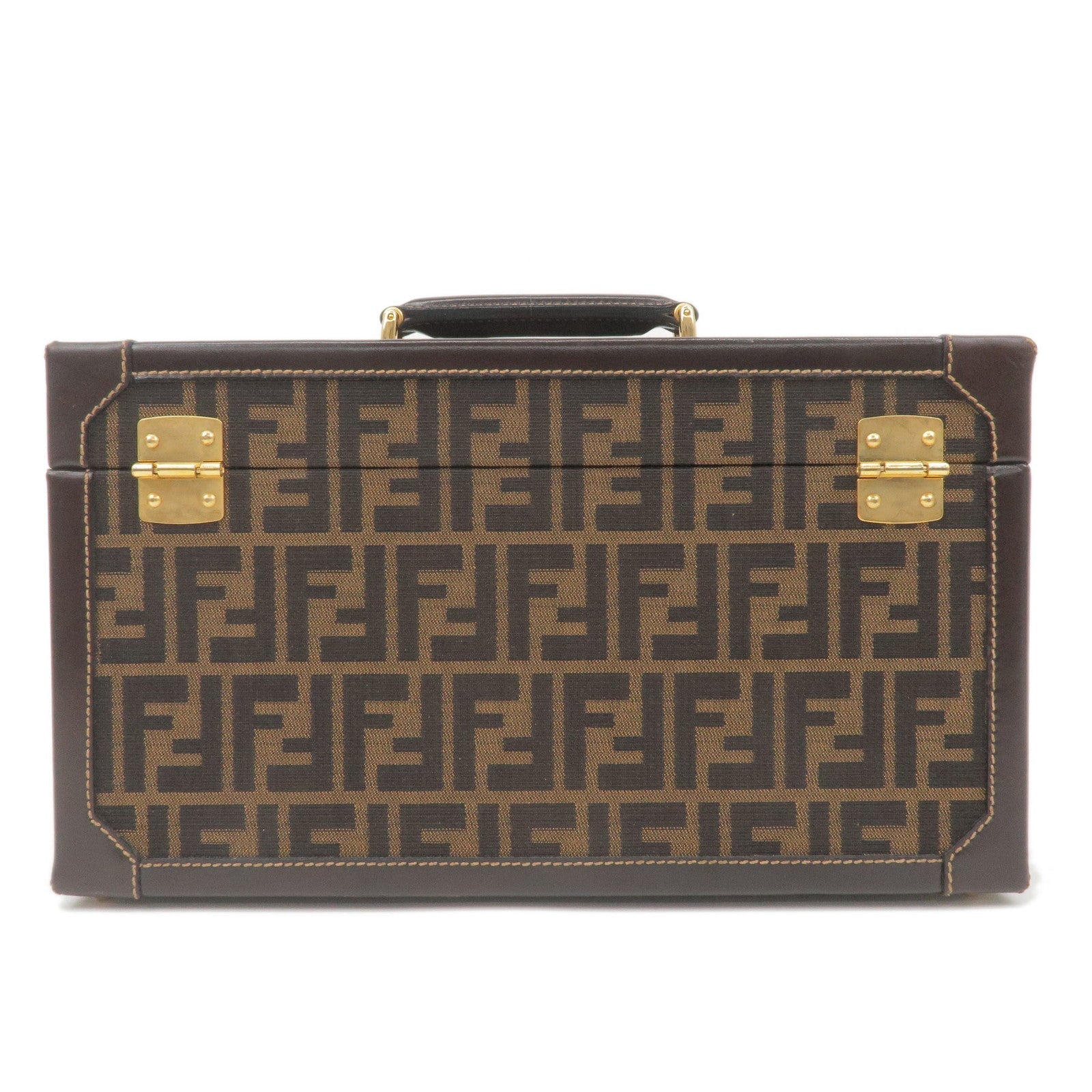 FENDI Zucca Canvas Leather Vanity Bag Makeup Box Khaki Black