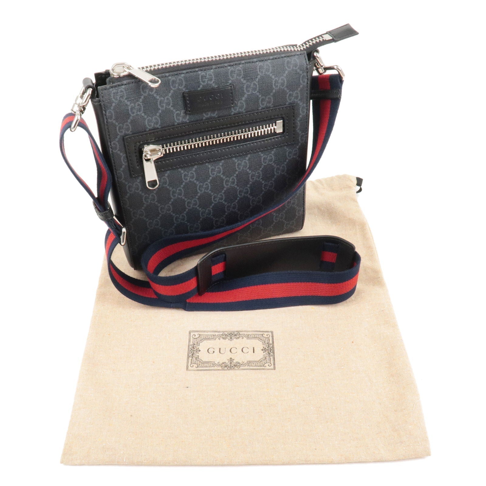 GUCCI GG Supreme Leather Small Messenger Bag Black Gray 523599