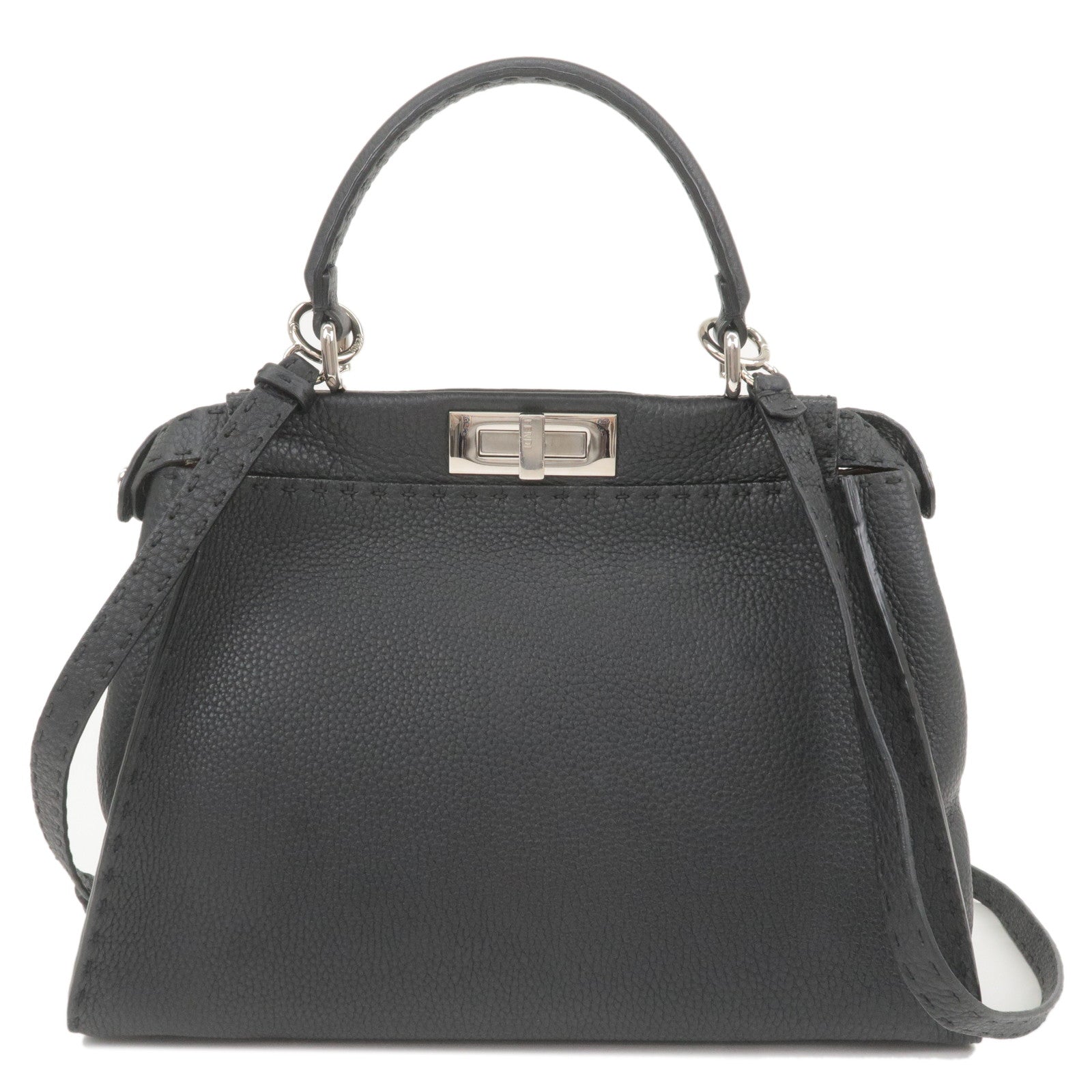 FENDI Selleria Peekaboo Regular Leather 2WAY Bag Black 8BN226
