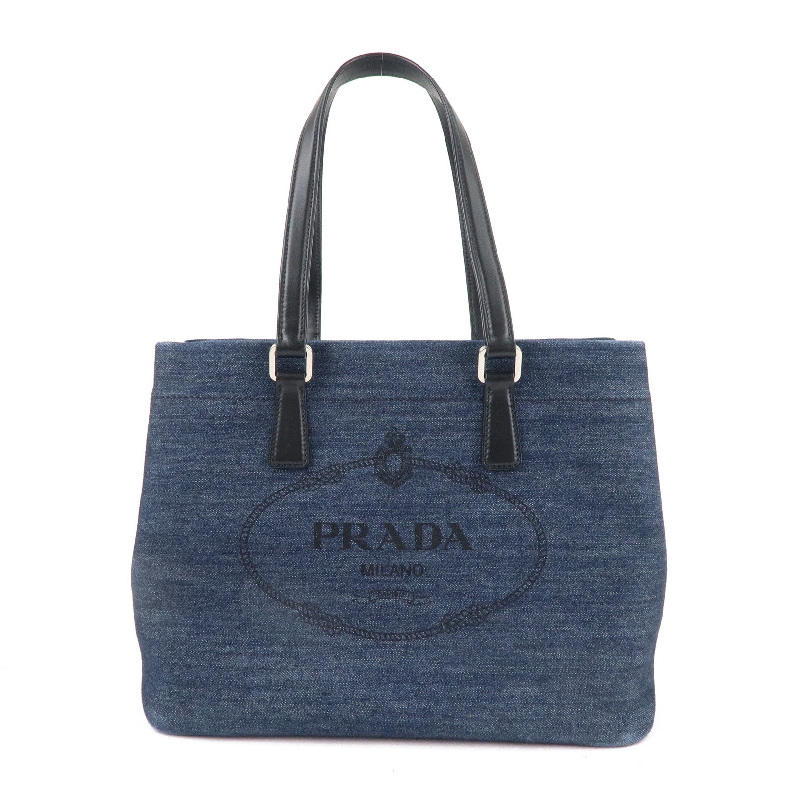 Prada Denim Leather Tote Bag Hand Bag Blue Black 1BG356
