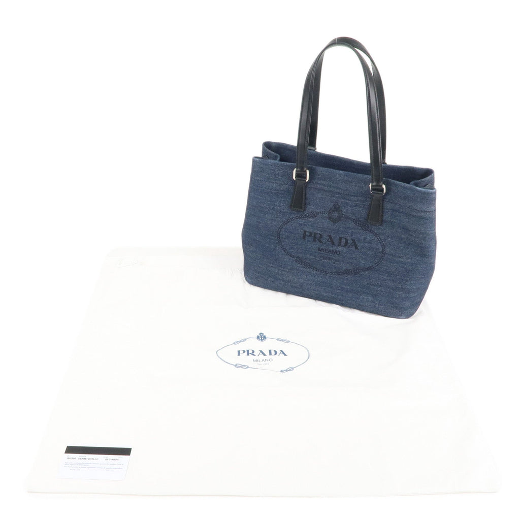 Prada Denim Leather Tote Bag Hand Bag Blue Black 1BG356