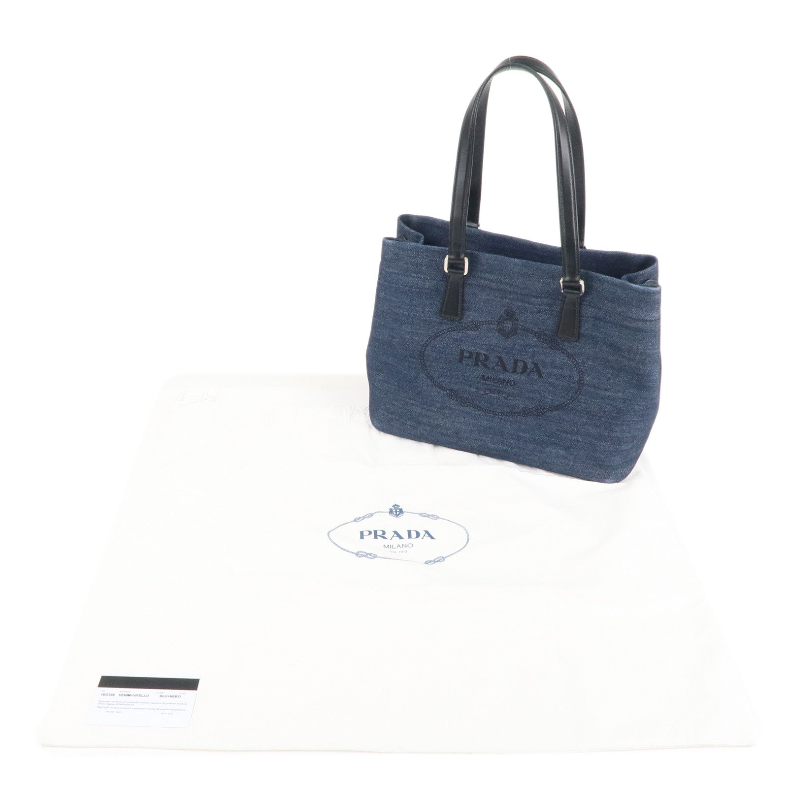 Prada Denim Leather Tote Bag Hand Bag Blue Black 1BG356