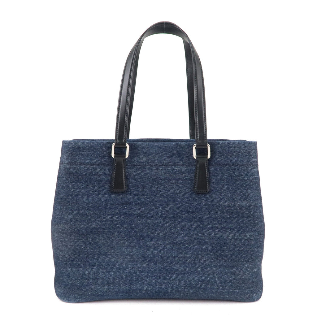 Prada Denim Leather Tote Bag Hand Bag Blue Black 1BG356