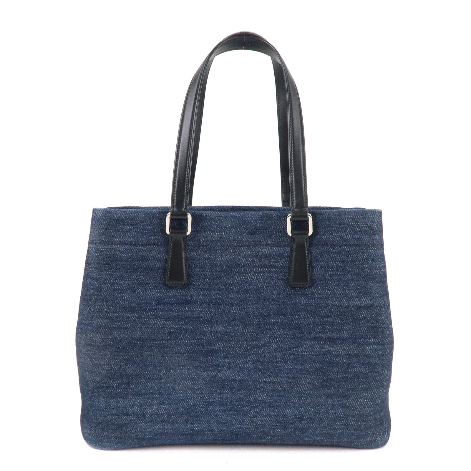 Prada Denim Leather Tote Bag Hand Bag Blue Black 1BG356