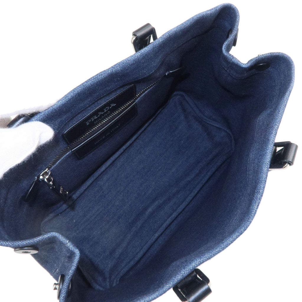 Prada Denim Leather Tote Bag Hand Bag Blue Black 1BG356