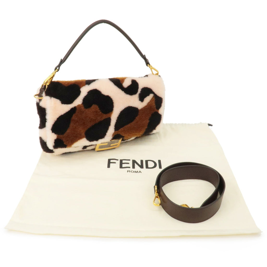 FENDI Fur Leather Baguette Large 2WAY Bag Animal Pattern 8BR771