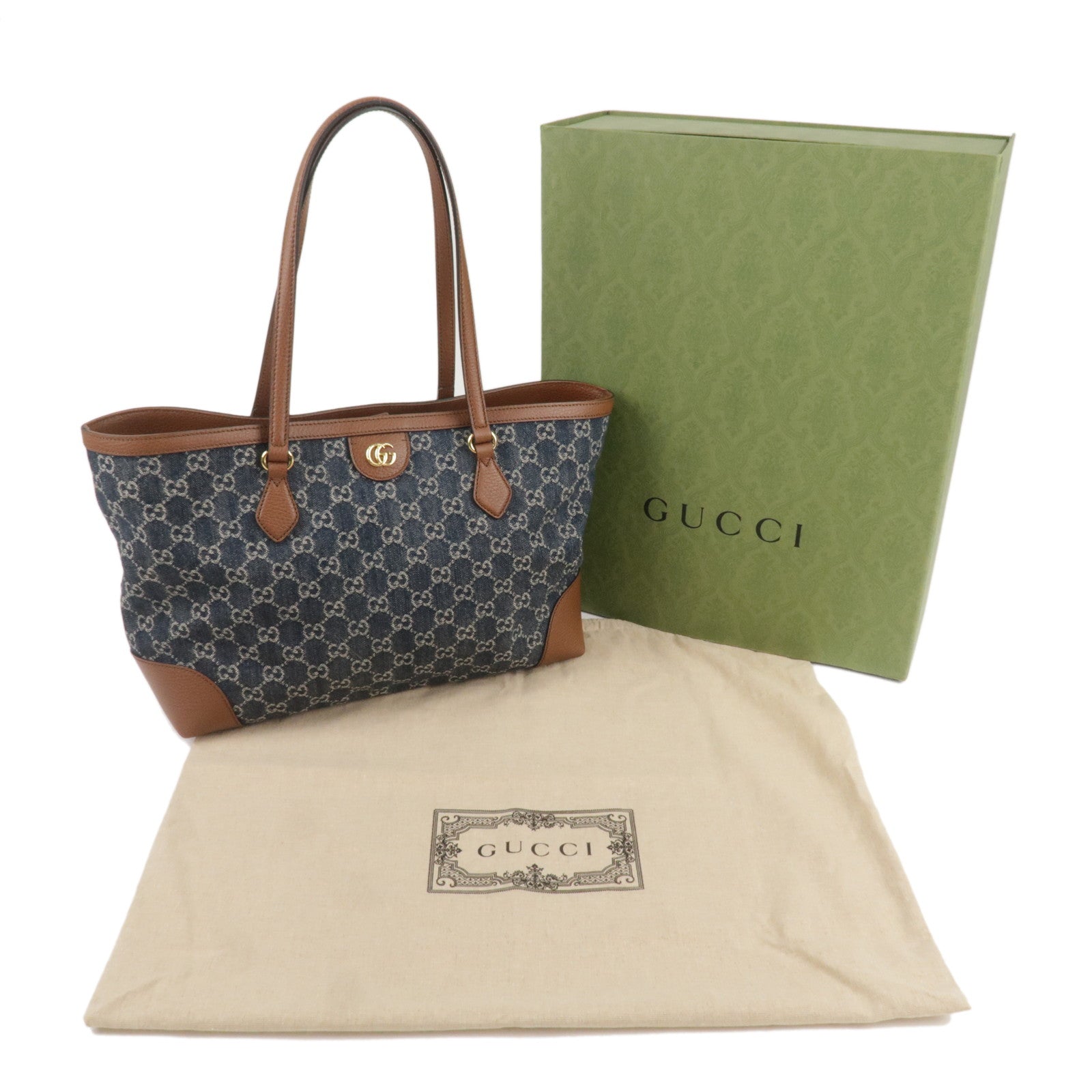 GUCCI GG Denim Leather Tote Bag Denim Blue Brown 631685