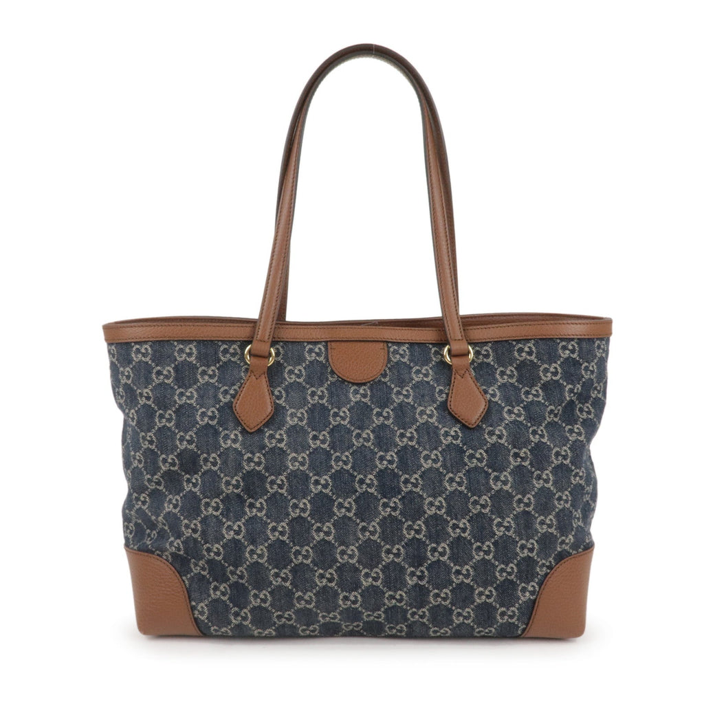 GUCCI GG Denim Leather Tote Bag Denim Blue Brown 631685