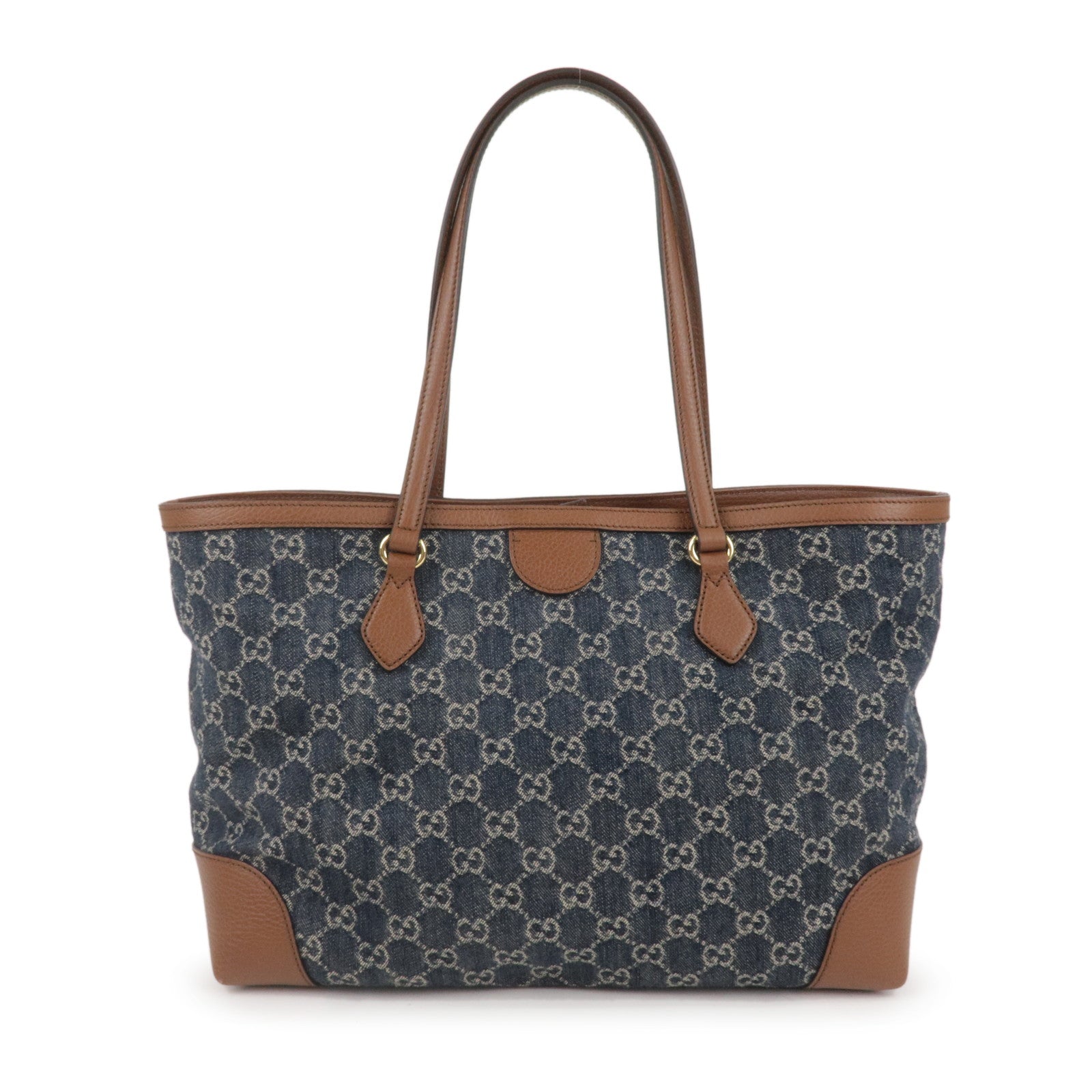 GUCCI GG Denim Leather Tote Bag Denim Blue Brown 631685