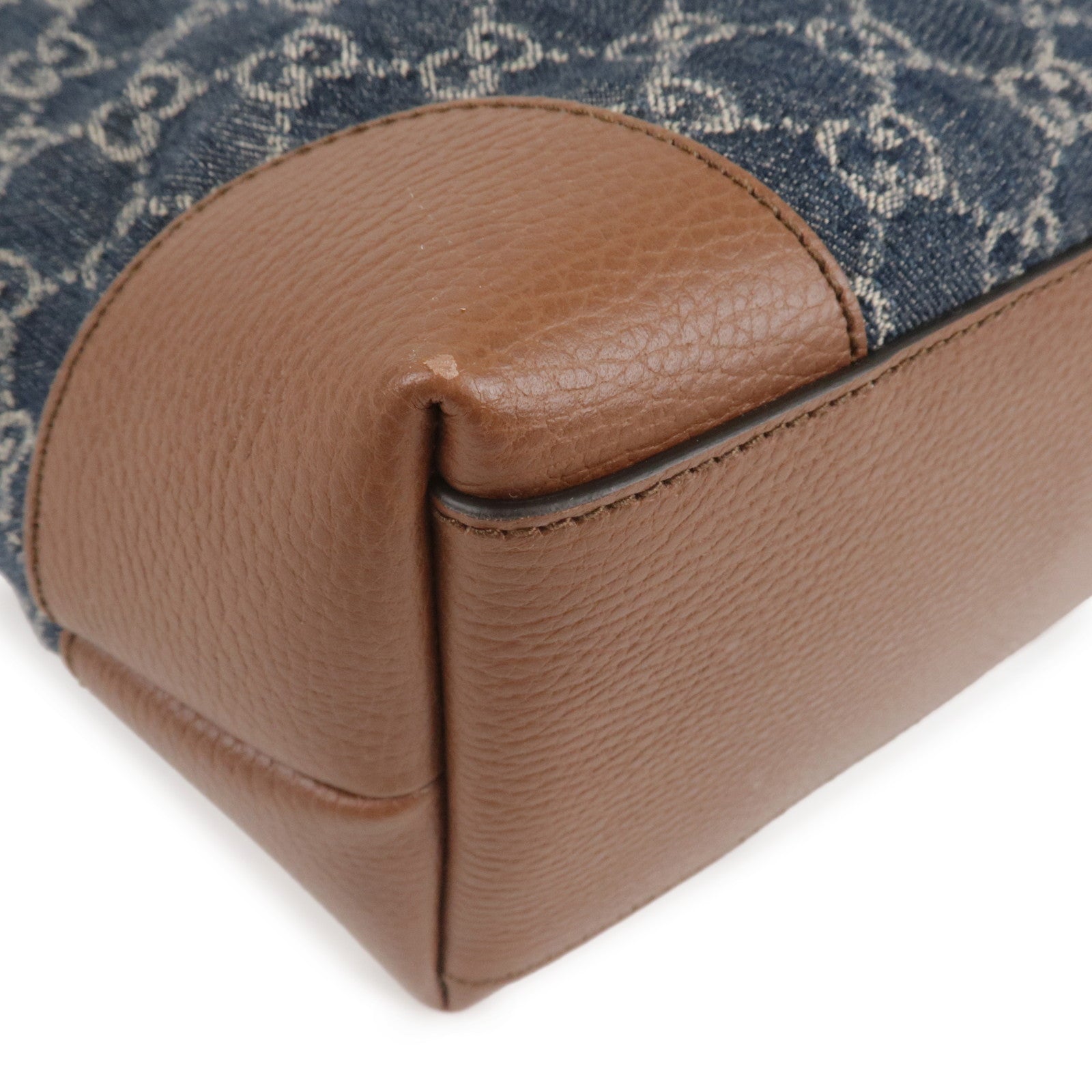 GUCCI GG Denim Leather Tote Bag Denim Blue Brown 631685