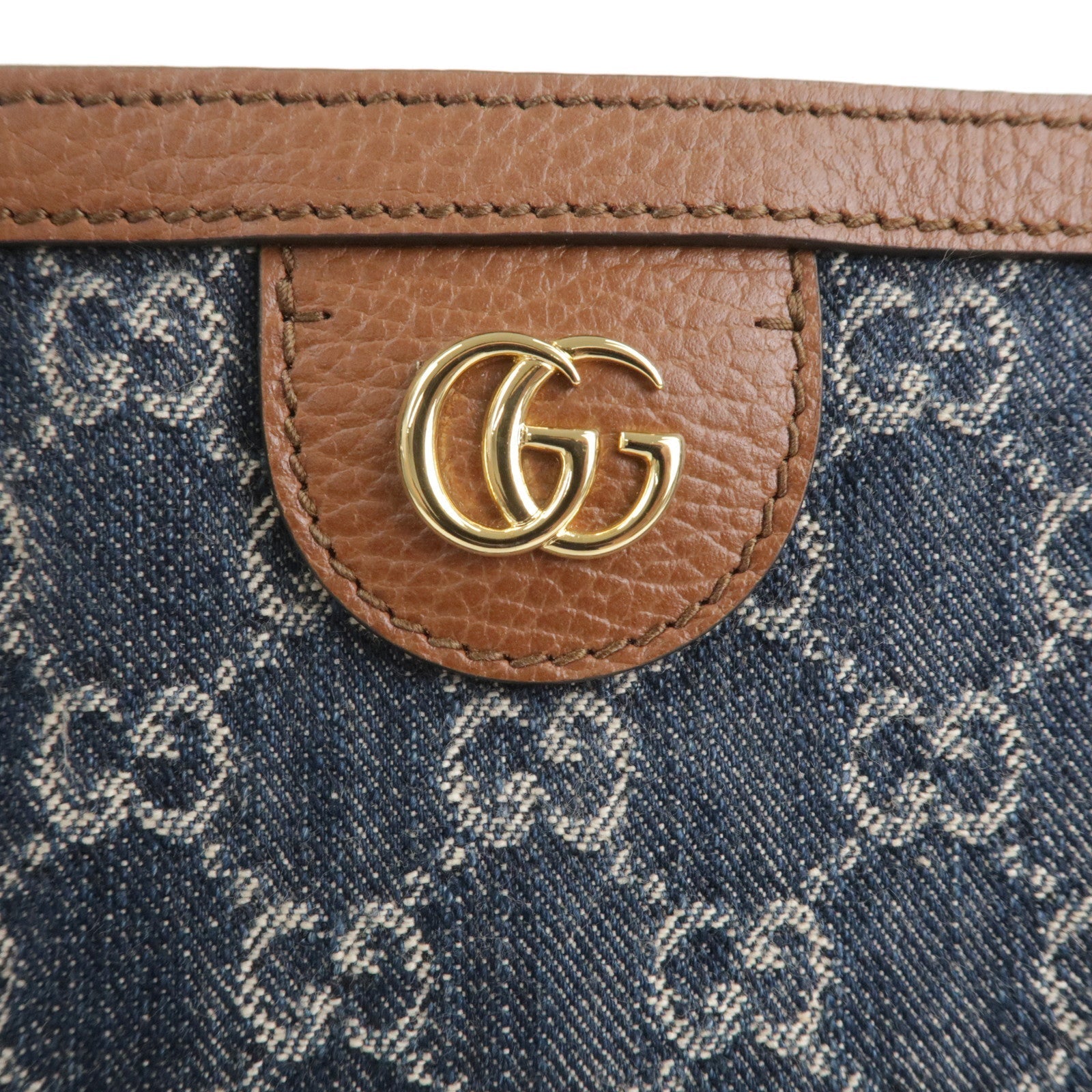 GUCCI GG Denim Leather Tote Bag Denim Blue Brown 631685